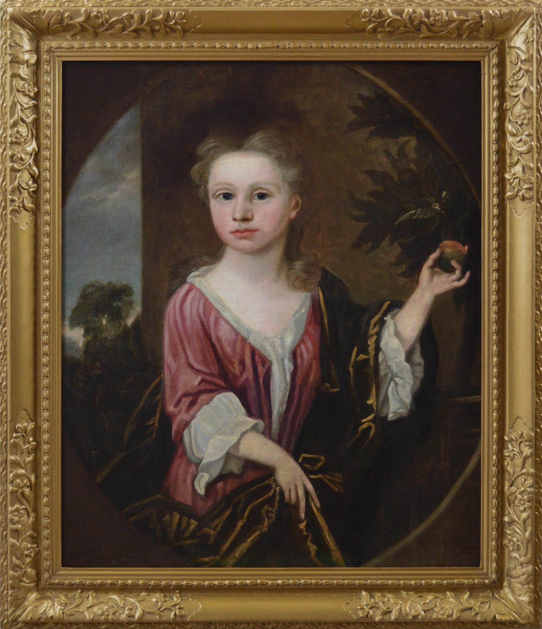 18th Century portrait oil painting of a girl with an orange