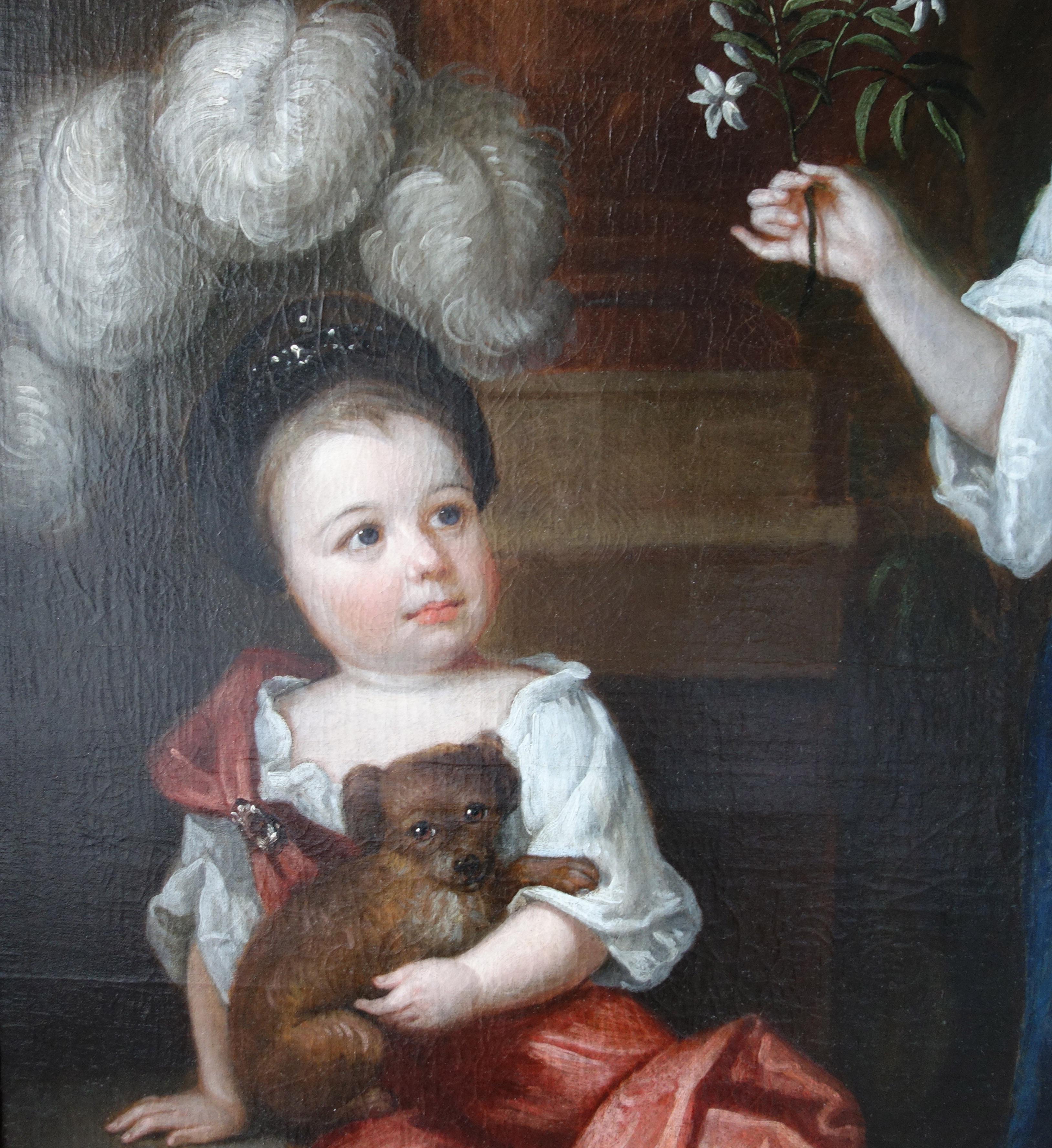 A rare signed portrait of two children, possibly brother and sister, on a terrace overlooking an ornamental century garden. The young girl, standing, wears a white dress with a blue cloak attached with pearls and holds a basket of flowers in one