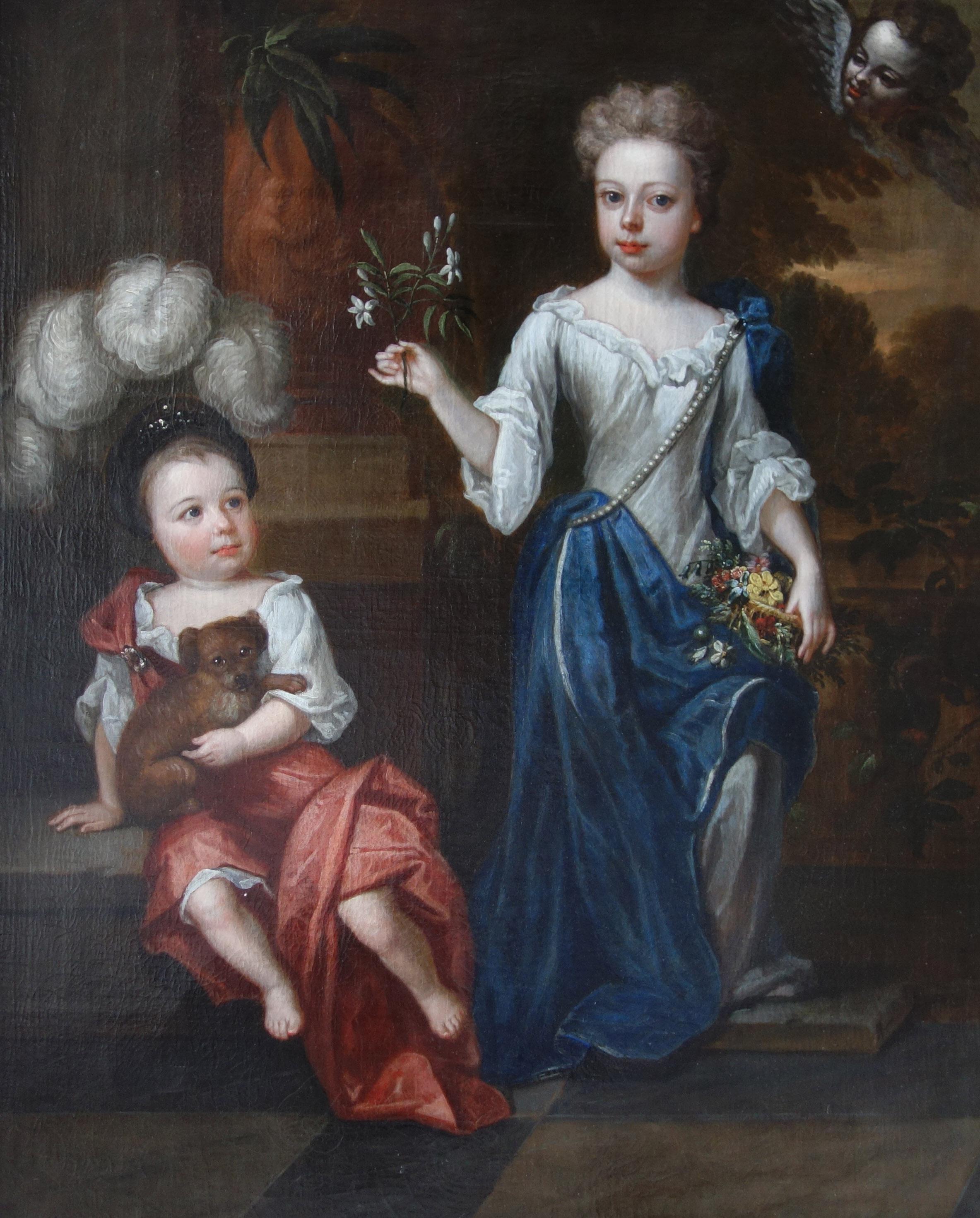 Robert Byng Animal Painting - English 17th century portrait of two children, signed ‘R. Byng’, dated 1697.