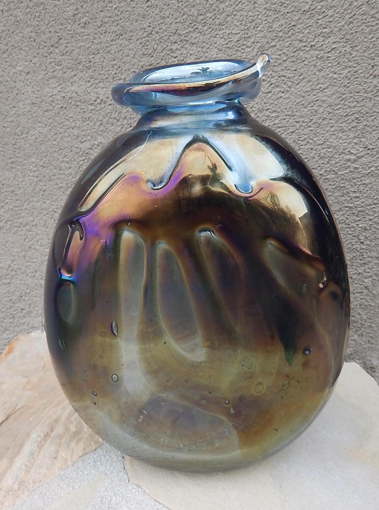 Completely unique freeform abstract blown glass vessel by California artist and teacher 
Dr. Robert Fritz. (b. 1920 d. 1986) 
Signed by the artist on base 