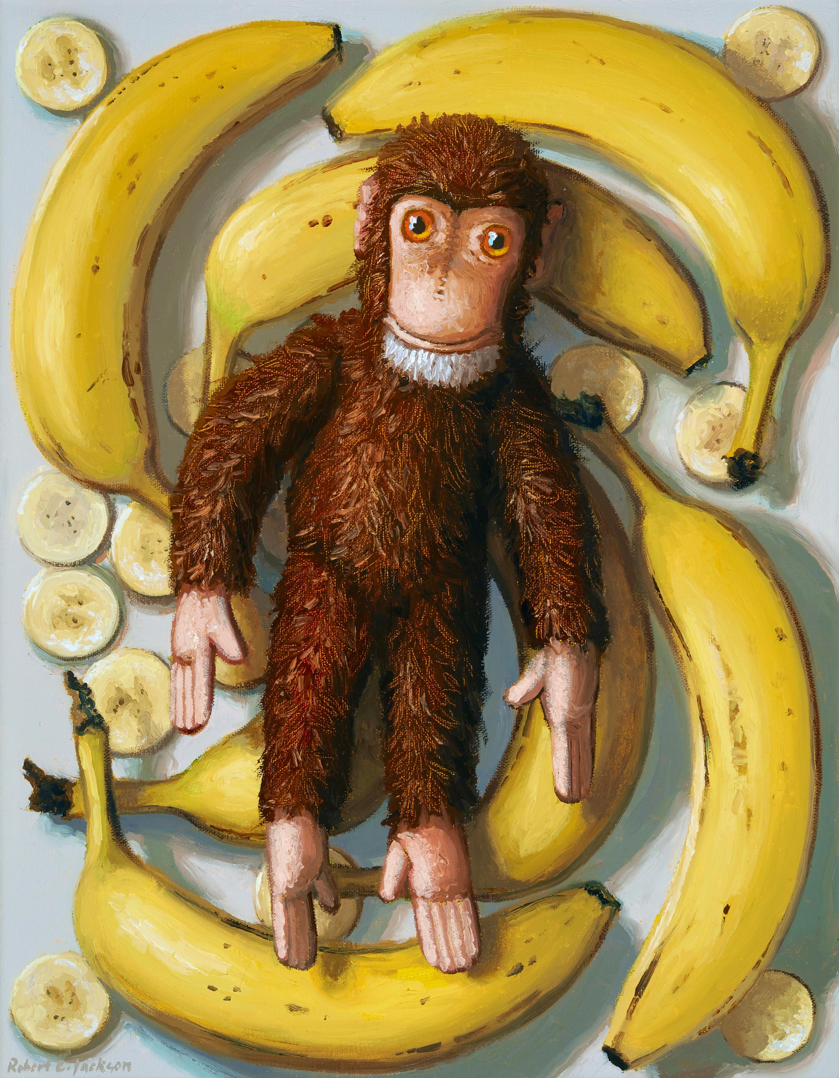 Robert C. Jackson Still-Life Painting - Bliss, Contemporary Still Life, Realism, Monkey, Bananas, Oil