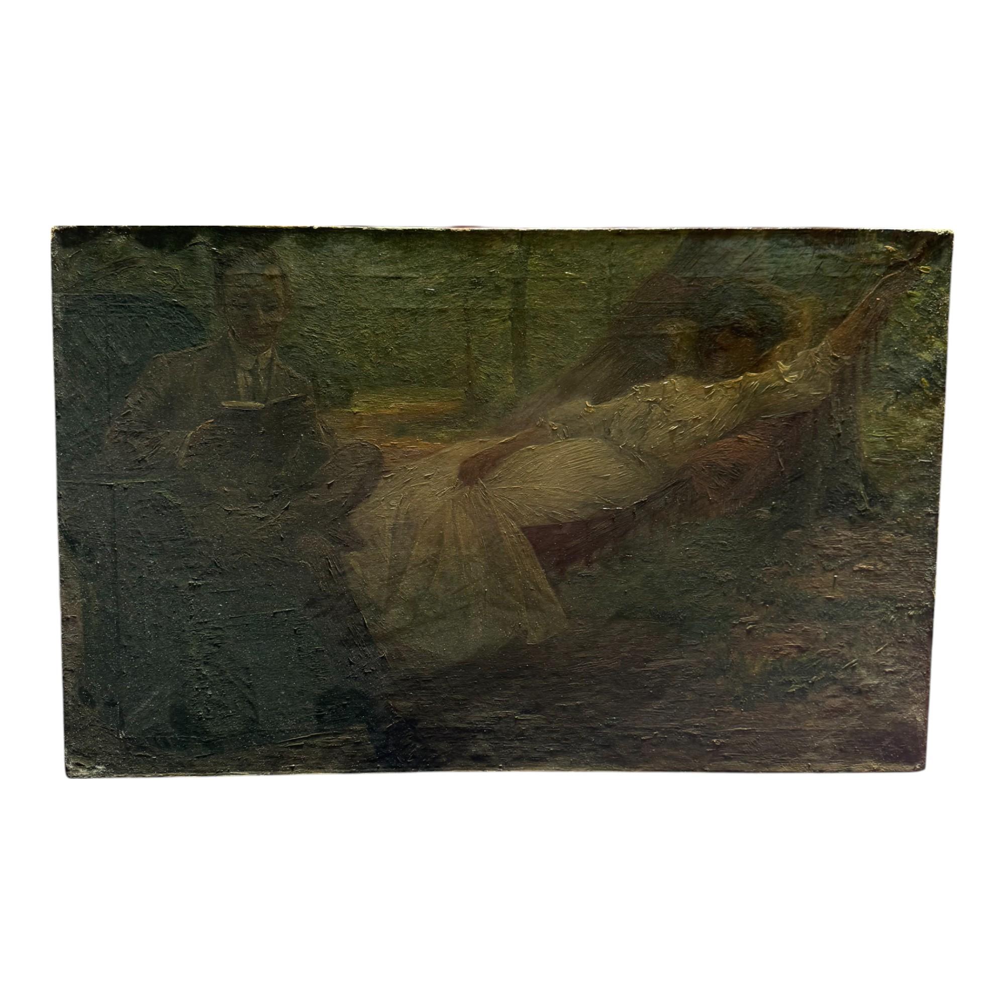 Figurative Painting di Robert C. Kluth - Una donna si sdraia su un'amaca mentre il suo spasimante legge ad alta voce" di Robert C.C.