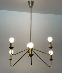 Robert Caillat Brass Chandelier, Six-Light, Parisian Hotel, Circa 1955