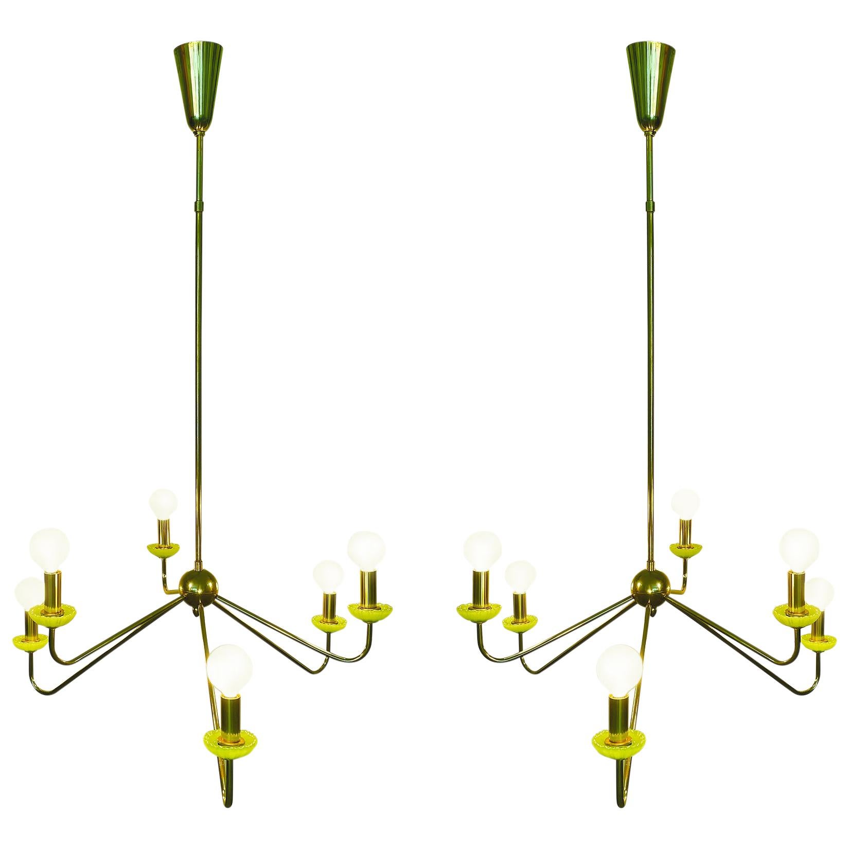 Robert CAILLAT Pair of Brass Chandeliers, circa 1955 For Sale