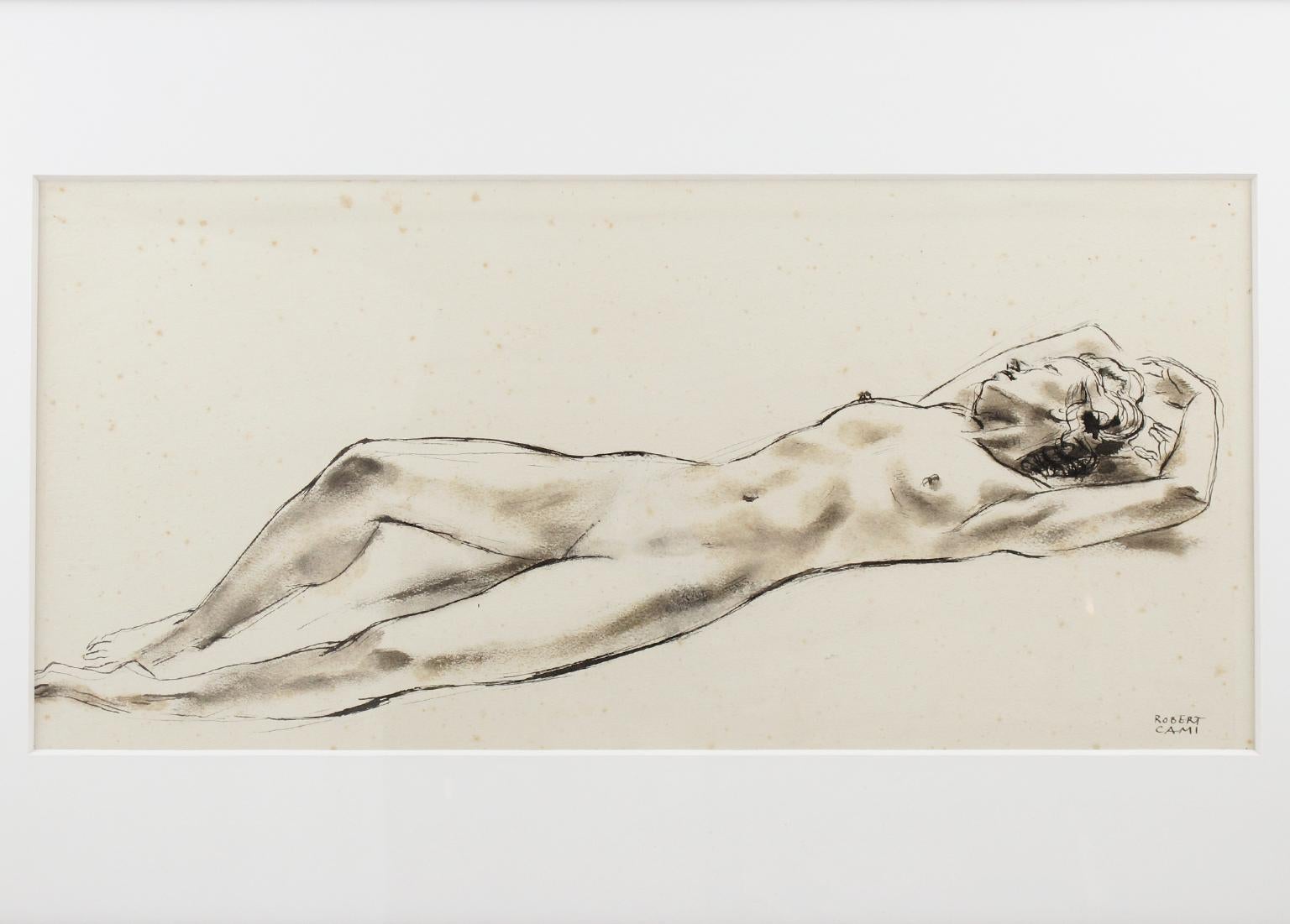Liegender Akt Studie Tinte waschen Zeichnung Malerei von Robert Cami im Angebot 5