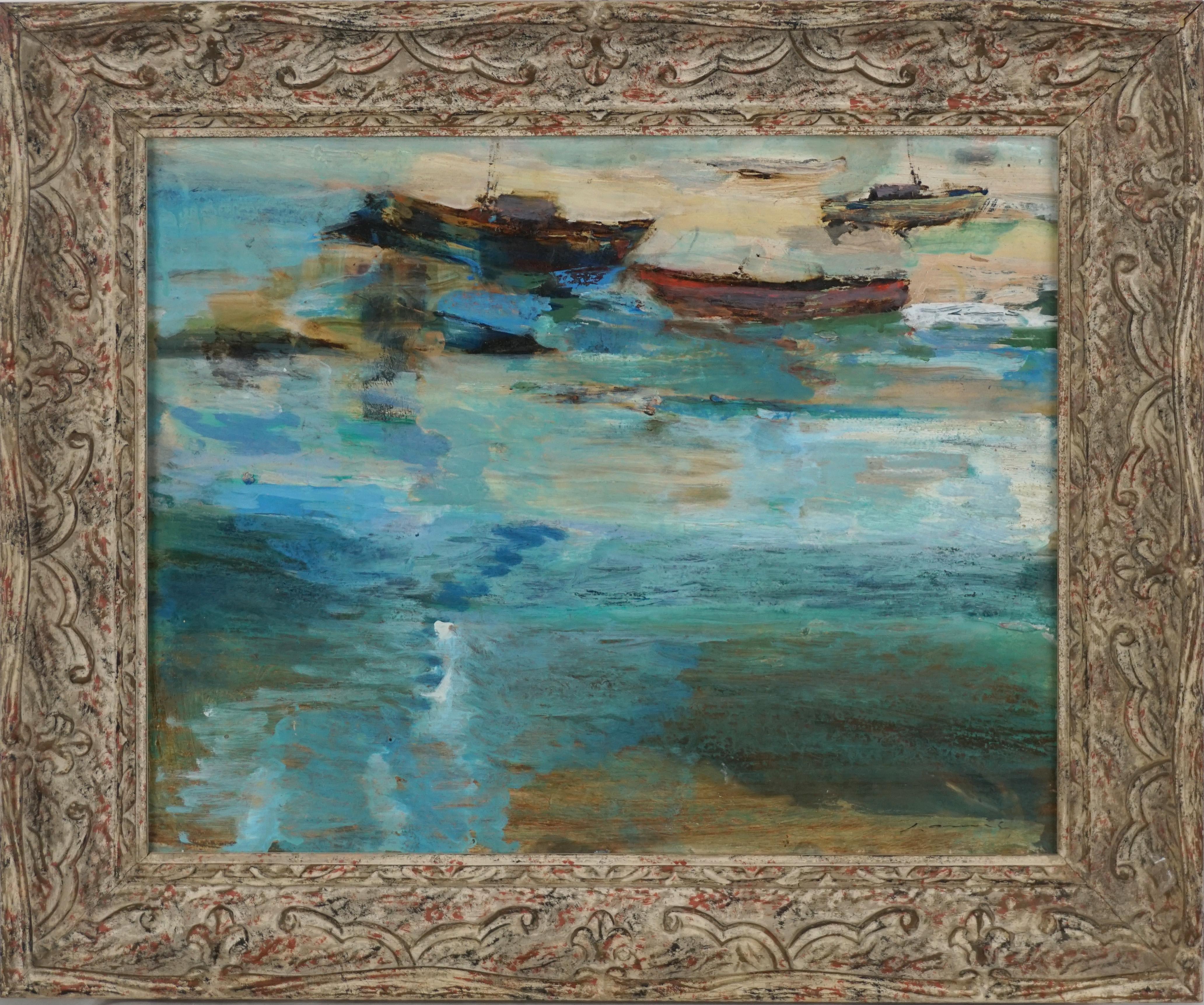 Landscape Painting Robert Canete - Bateaux près du rivage - Paysage marin abstrait 