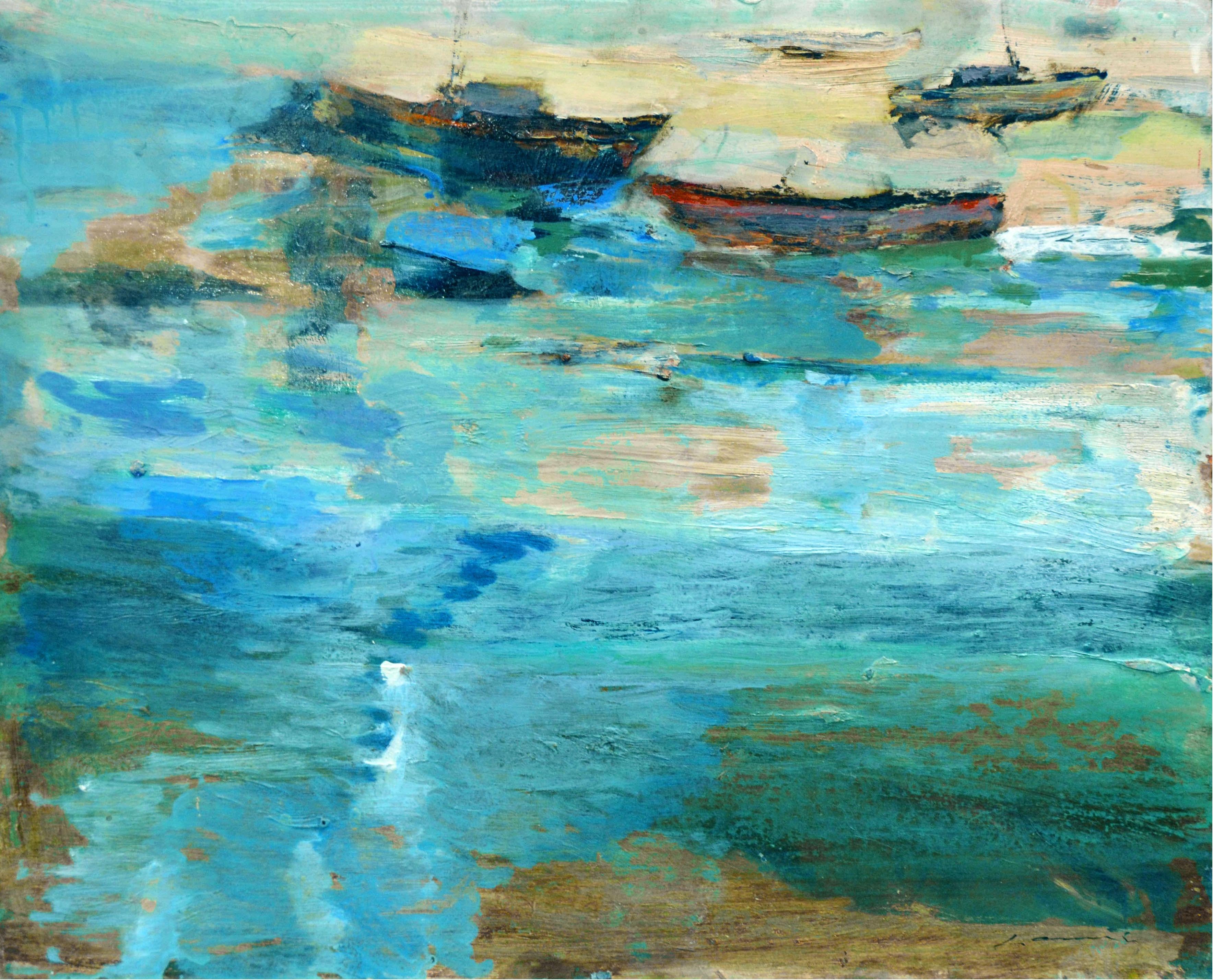 Bateaux près du rivage - Paysage marin abstrait  - Expressionnisme abstrait Painting par Robert Canete