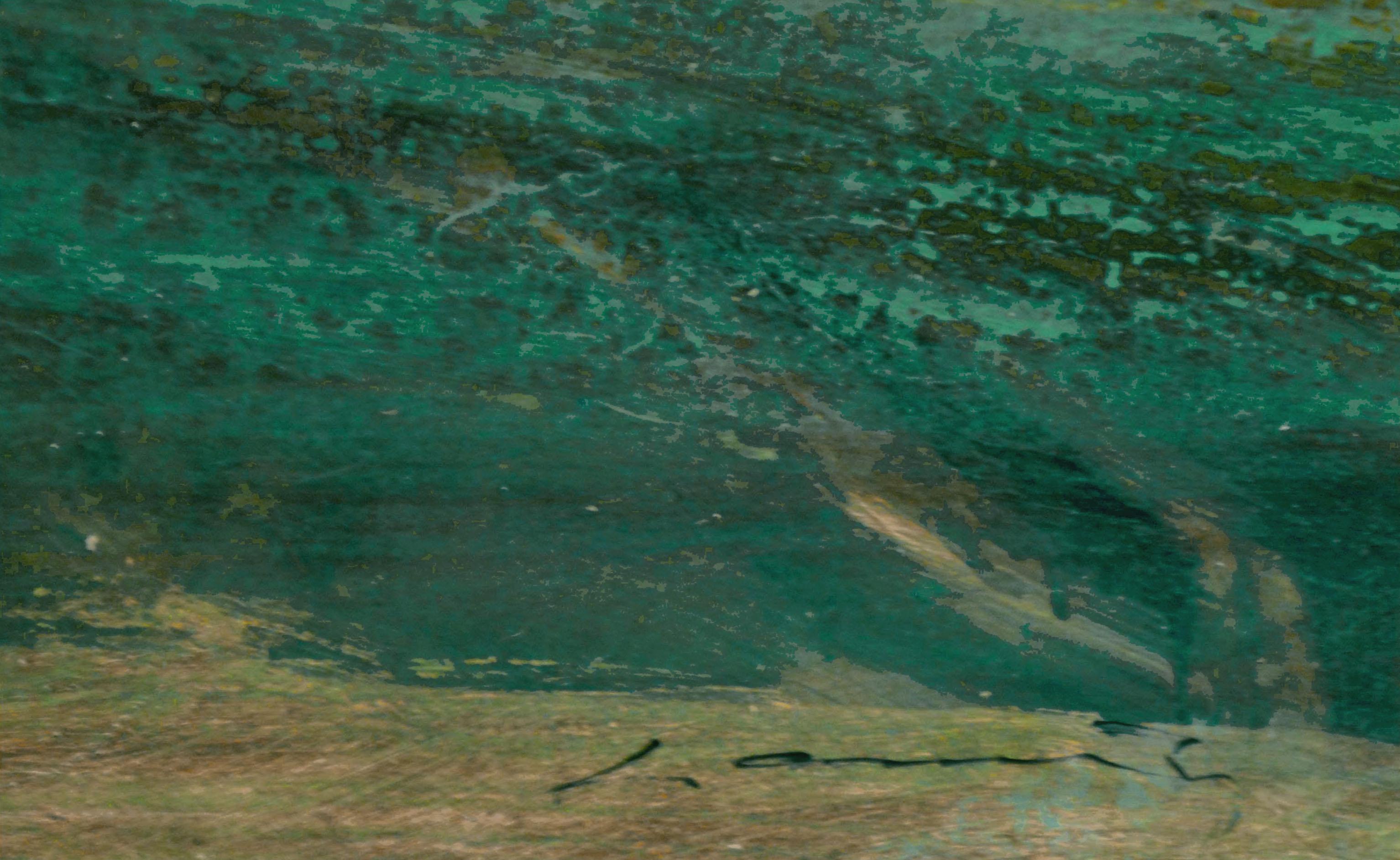 Bateaux près du rivage - Paysage marin abstrait  - Marron Landscape Painting par Robert Canete