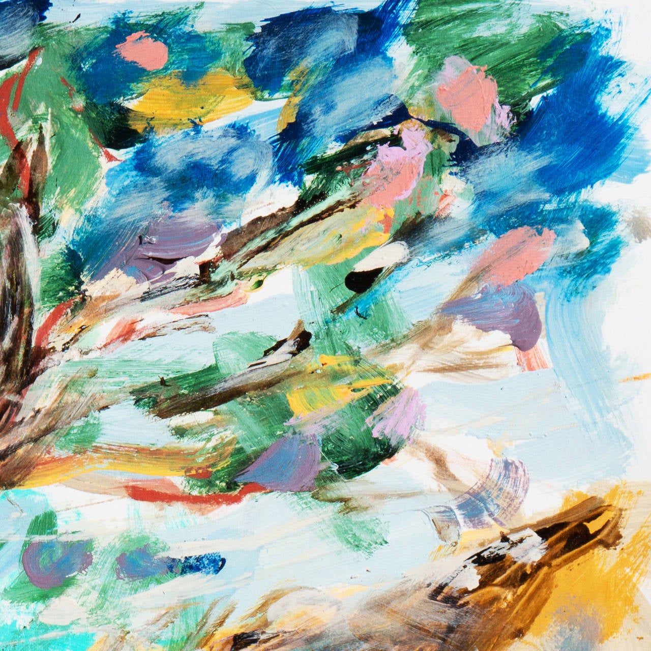 Signed lower right, 'Canete' and painted in 2010

A bold, Expressionist landscape showing a view of eucalyptus trees on a hill above Cap Ferrat on the Côte d'Azur in Southern France.  A lyrical work by this noted Carmel artist who studied with