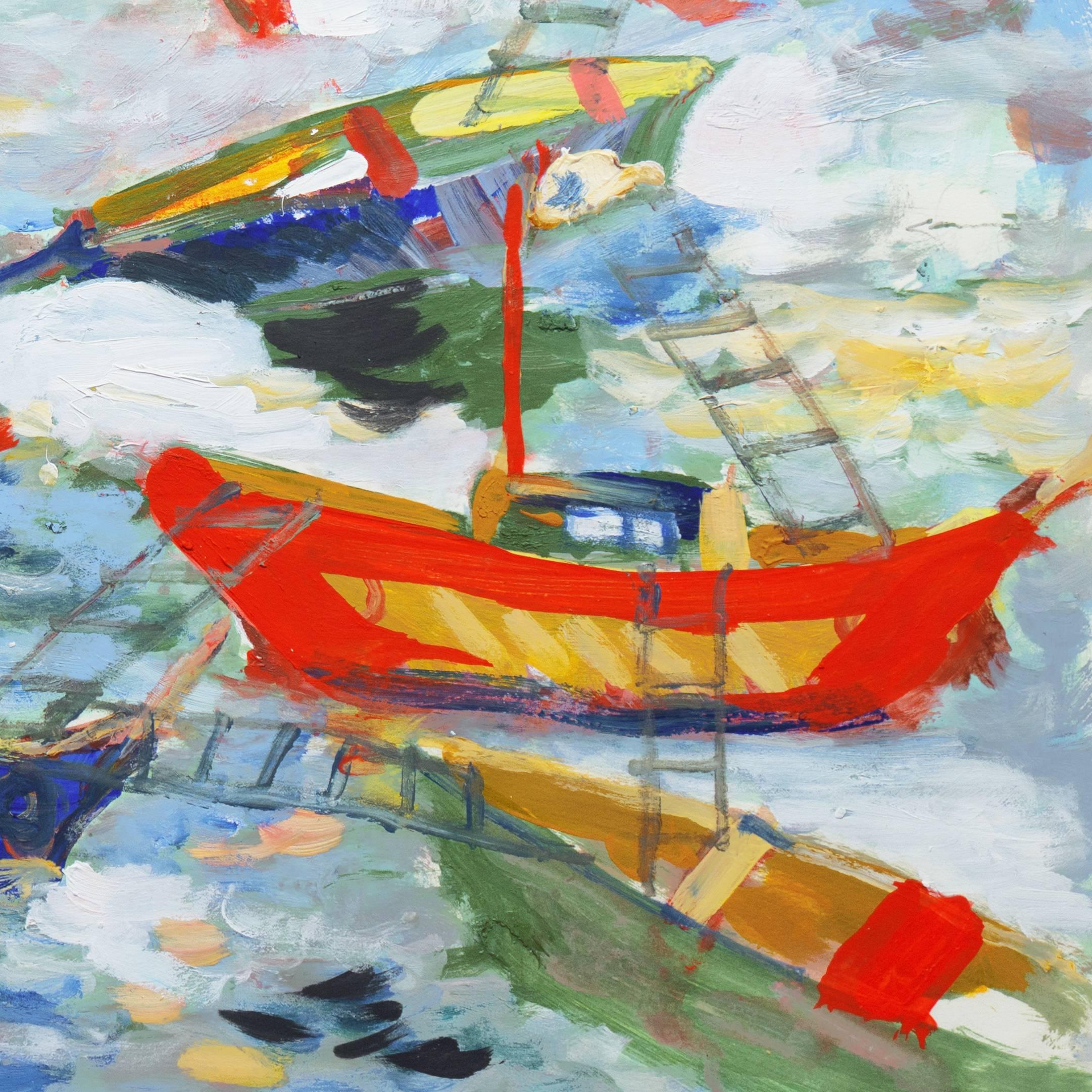 „Fischenboote vor Monterey“, Carmel, Kalifornien, expressionistische Meereslandschaft des Expressionismus, Big Sur (Grau), Landscape Painting, von Robert Canete