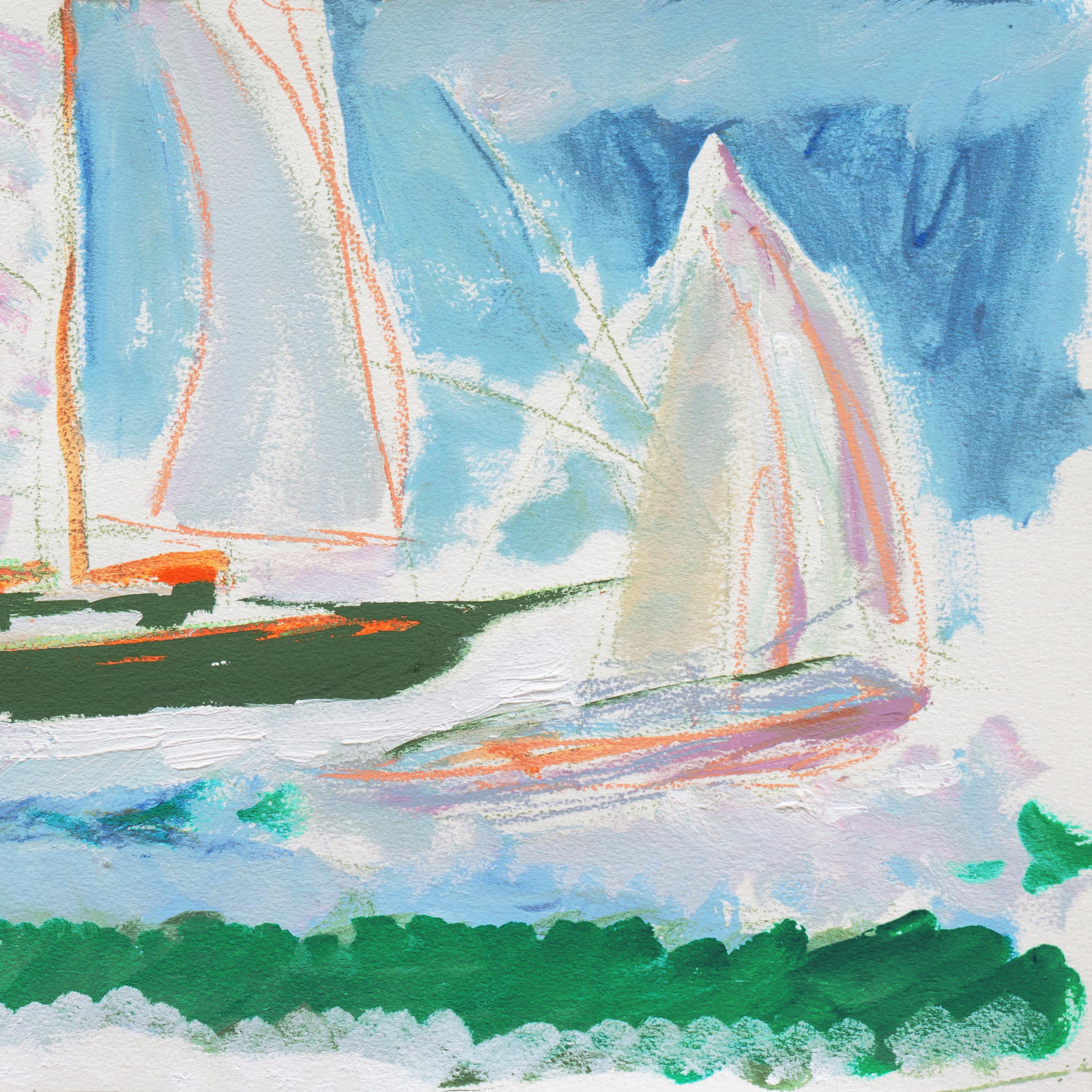 'Sailing Boats off Monterey', California Expressionist, Stanford, Carmel - Blue Landscape Painting by Robert Canete