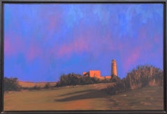 "Highland Light" oil painting of a red lighthouse with purple and red sky
