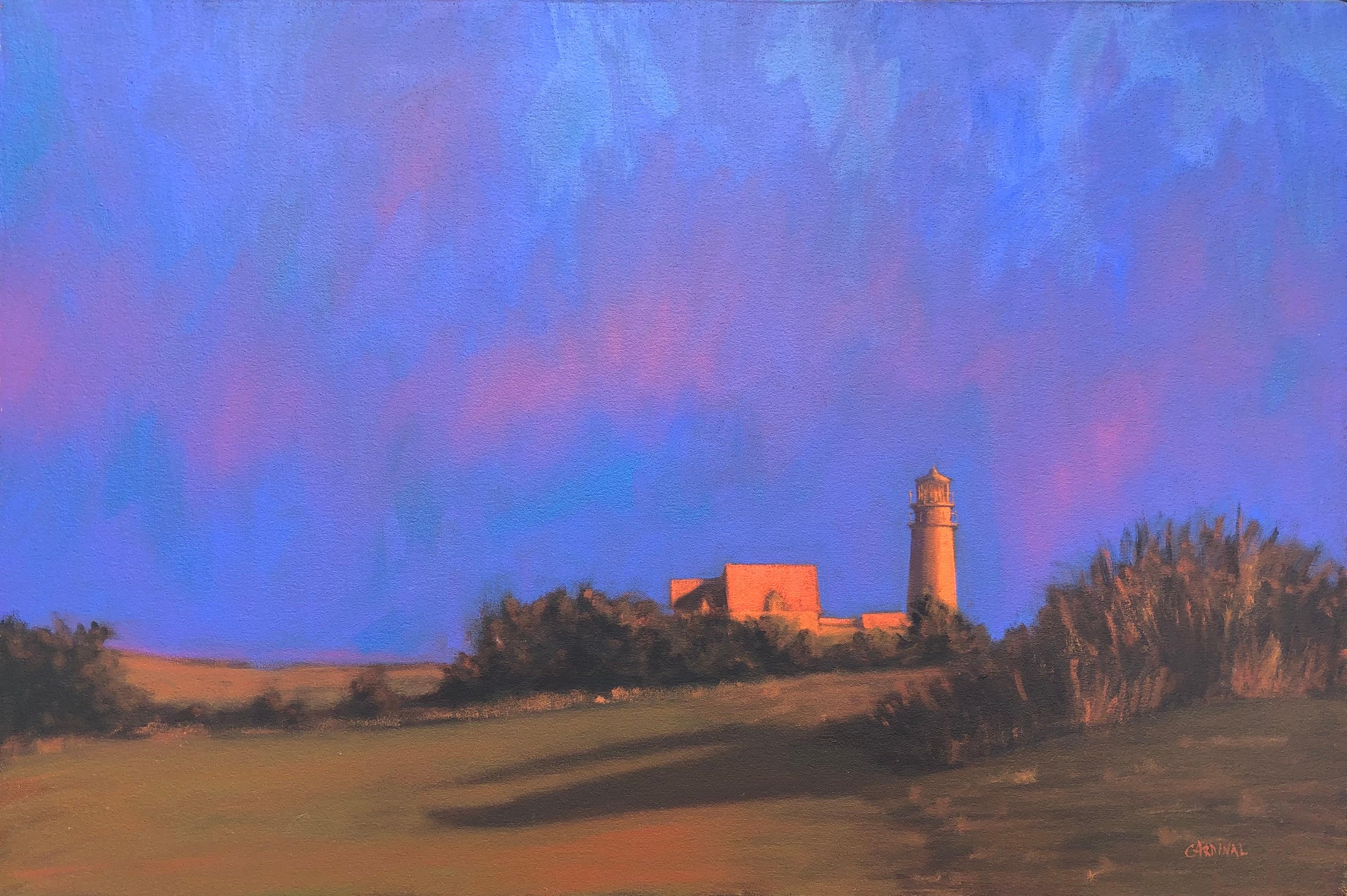 Robert Cardinal Landscape Painting - "Highland Light" oil painting of a red lighthouse with purple and red sky 