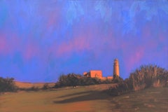 "Highland Light" oil painting of a red lighthouse with purple and red sky 
