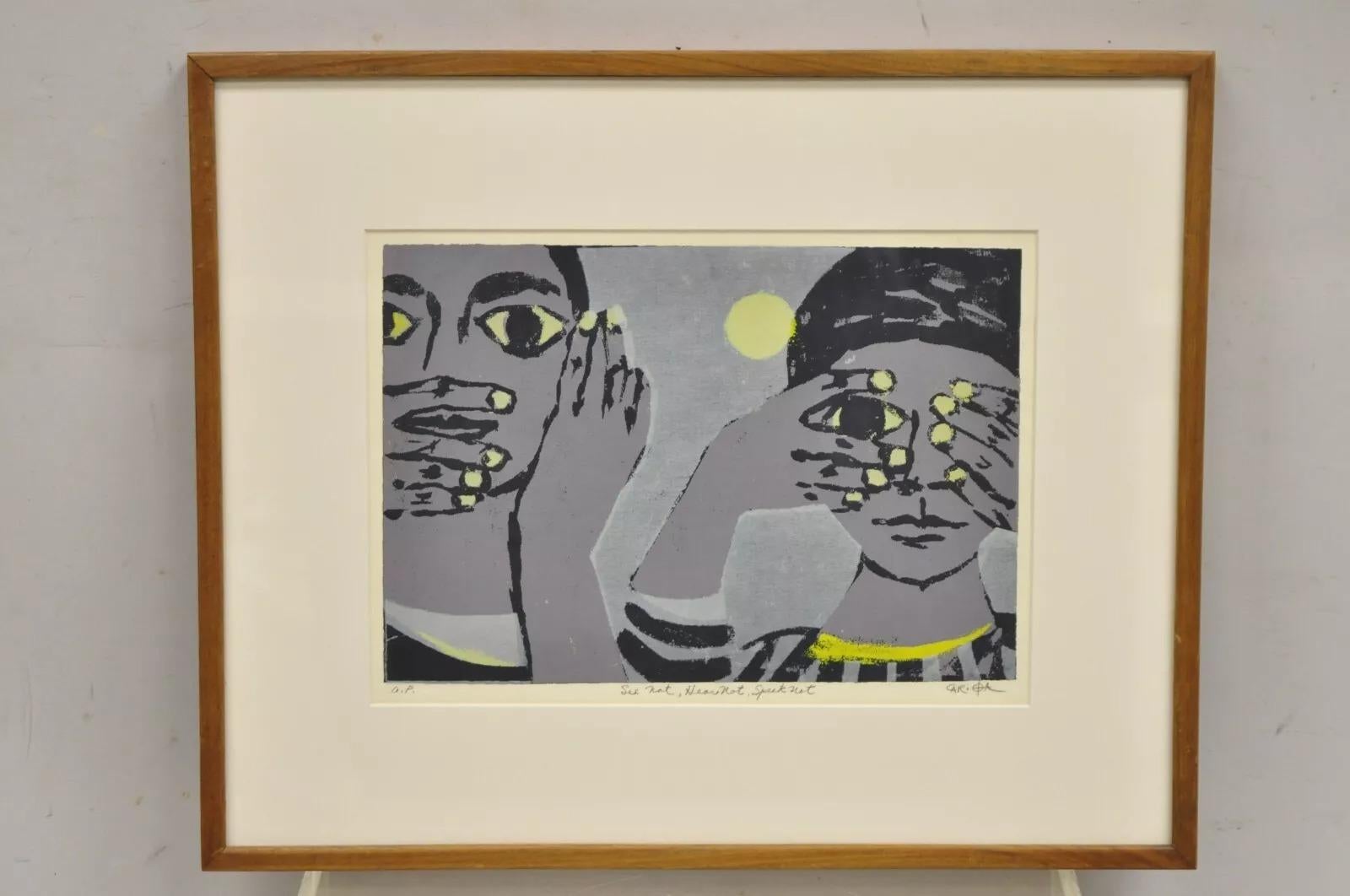Robert Cariola „See not, Hear not, Speak not“ Serigraphiedruck Mid-Century-Kunst im Angebot 5