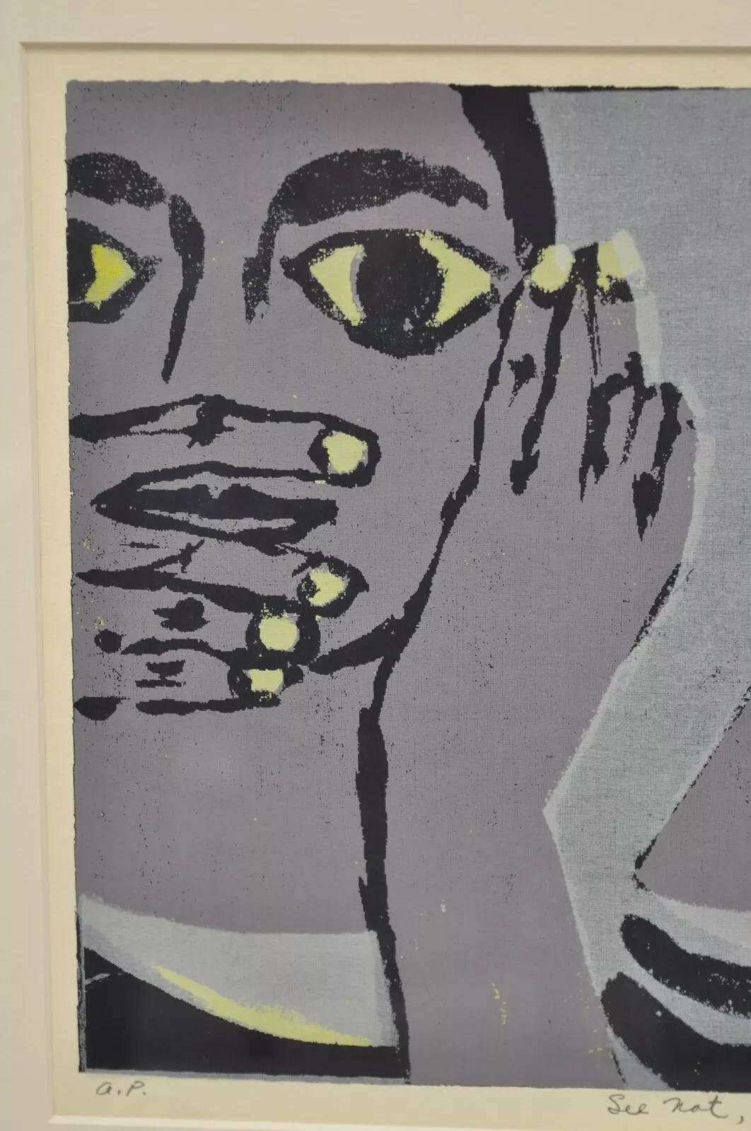 Robert Cariola „See not, Hear not, Speak not“ Serigraphiedruck Mid-Century-Kunst (Moderne der Mitte des Jahrhunderts) im Angebot
