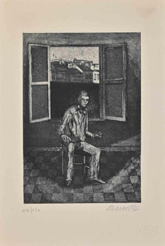 Man at the Window - Original Etching by Robert Carroll - 1976