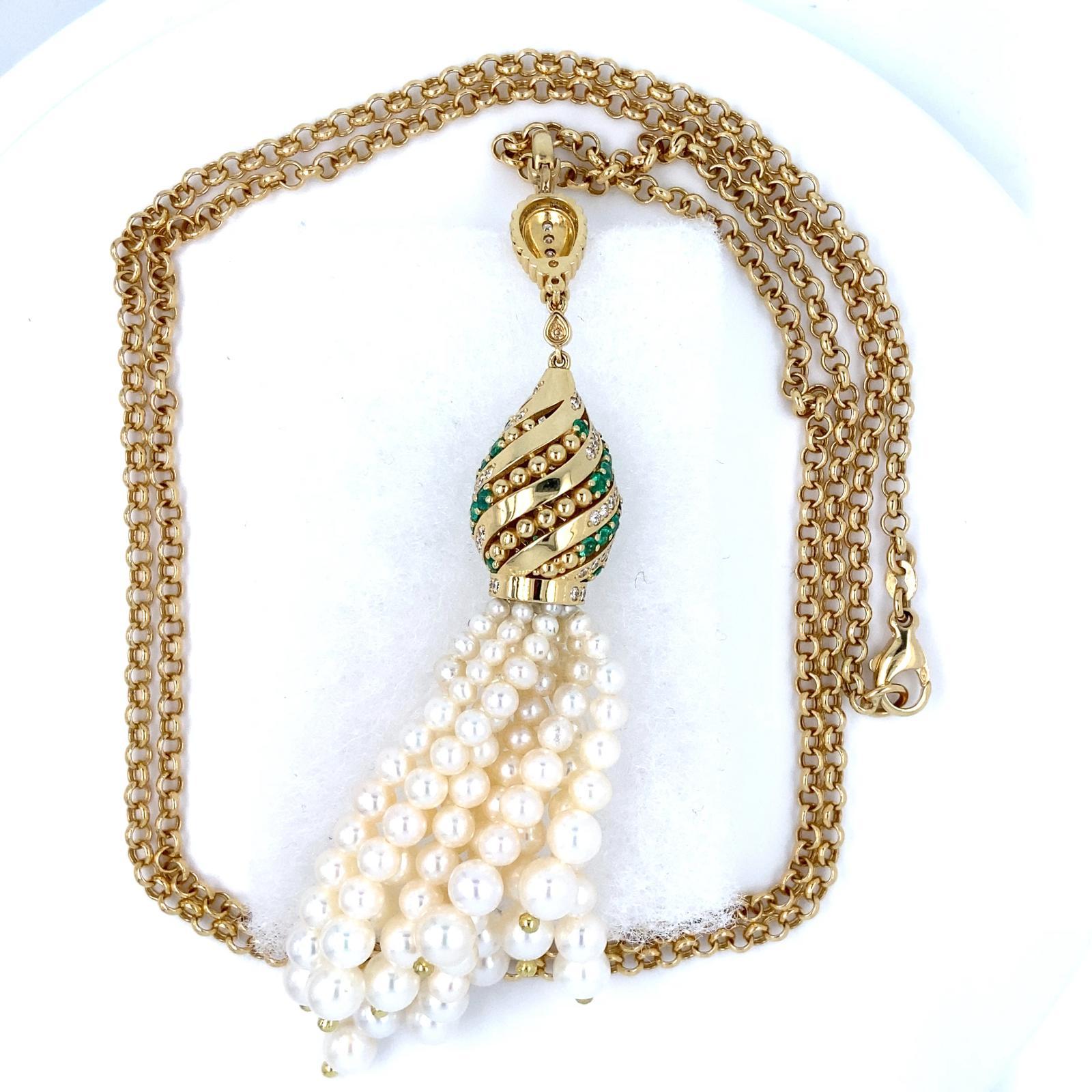 Modern Robert Casarin 18k Gold & 1.42ct Emerald Necklace w/ Pearl & Diamond, Length 32