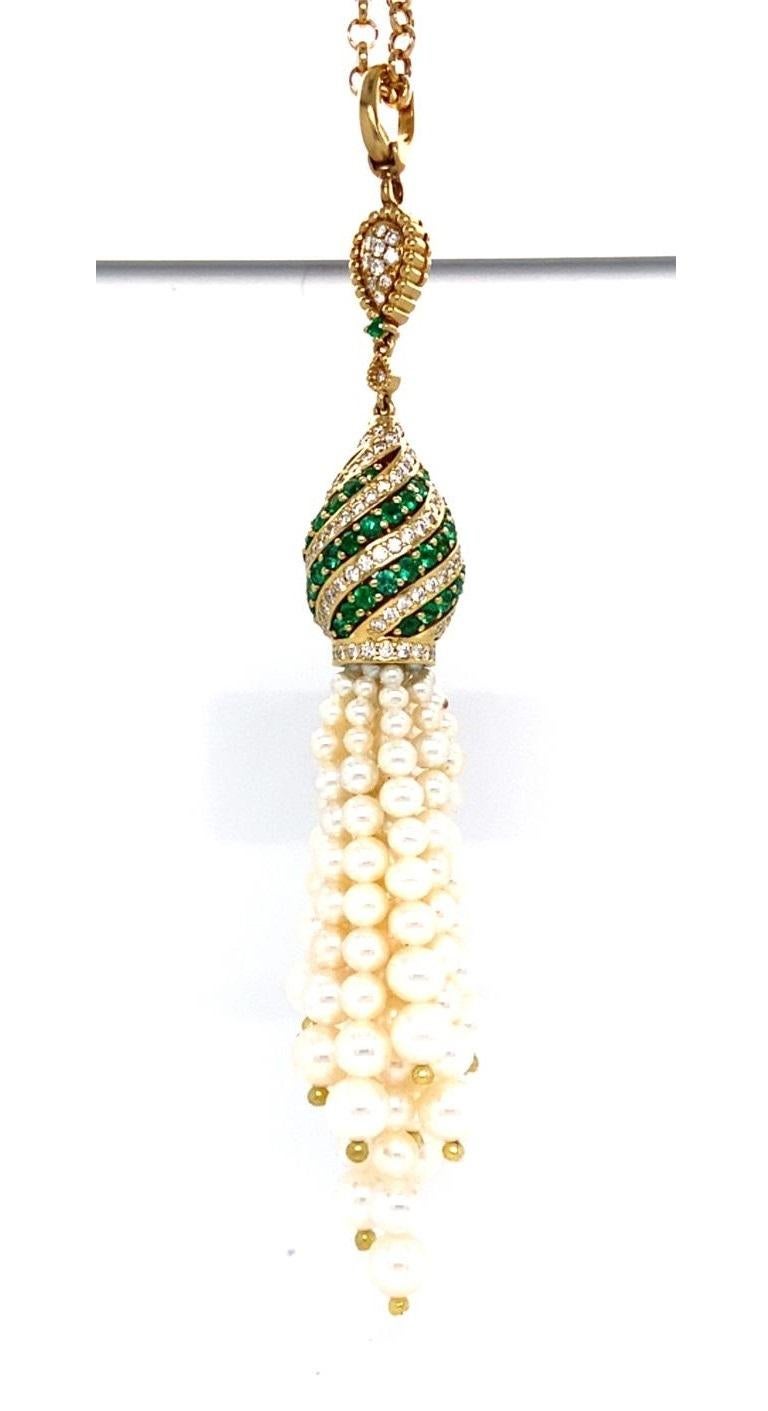 Robert Casarin 18k Gold & 1.42ct Emerald Necklace w/ Pearl & Diamond, Length 32