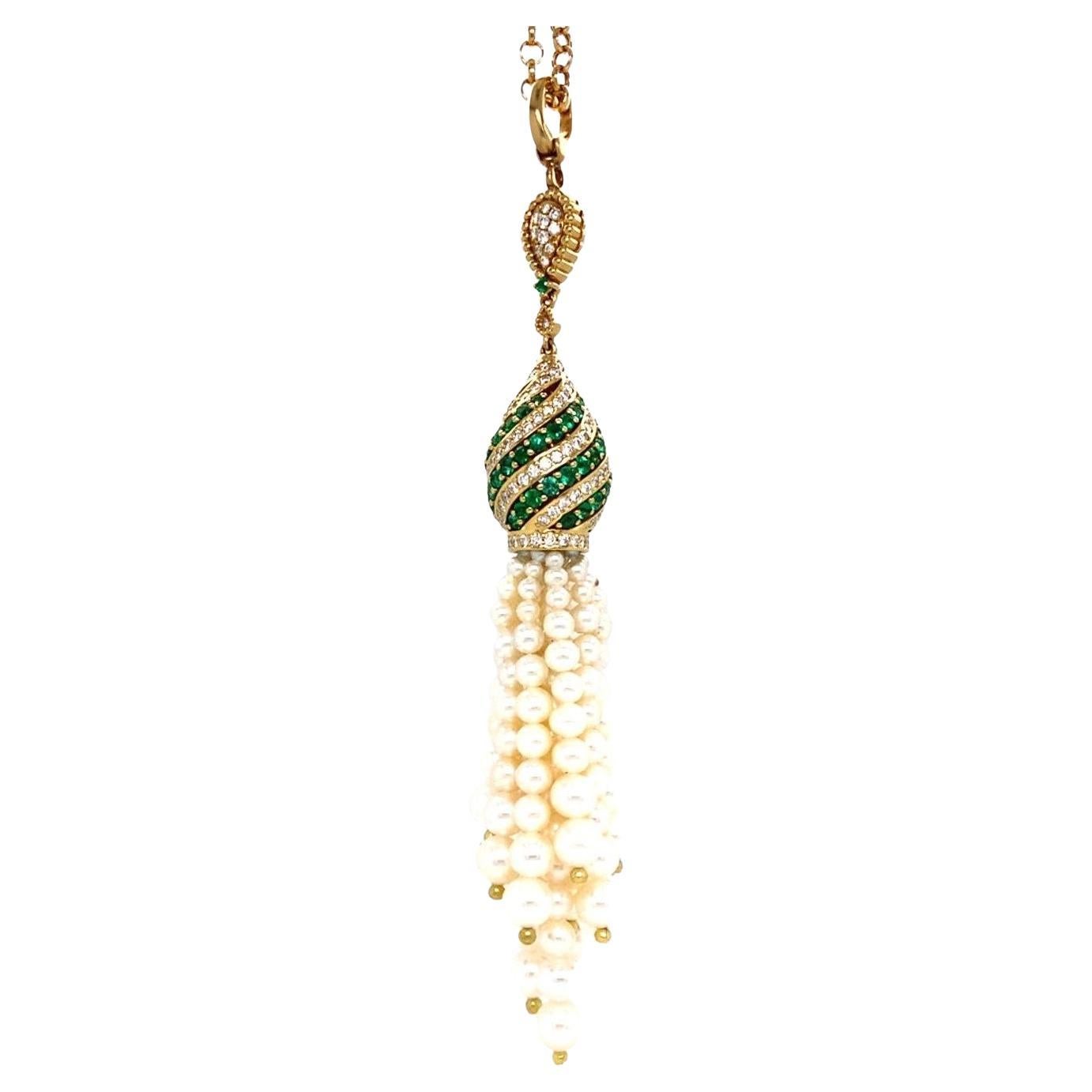 Robert Casarin 18k Gold & 1.42ct Emerald Necklace w/ Pearl & Diamond, Length 32" For Sale