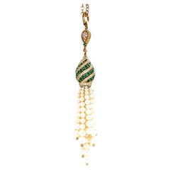 Robert Casarin 18k Gold & 1.42ct Emerald Necklace w/ Pearl & Diamond, Length 32"