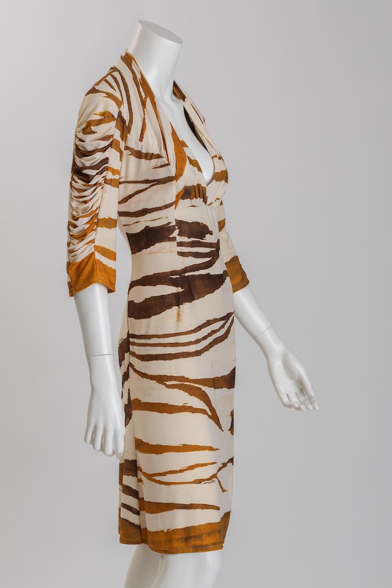 Beige Roberto Cavalli Tiger Print Jersey Cocktail /  Dinner Dress  Size 46 EU For Sale