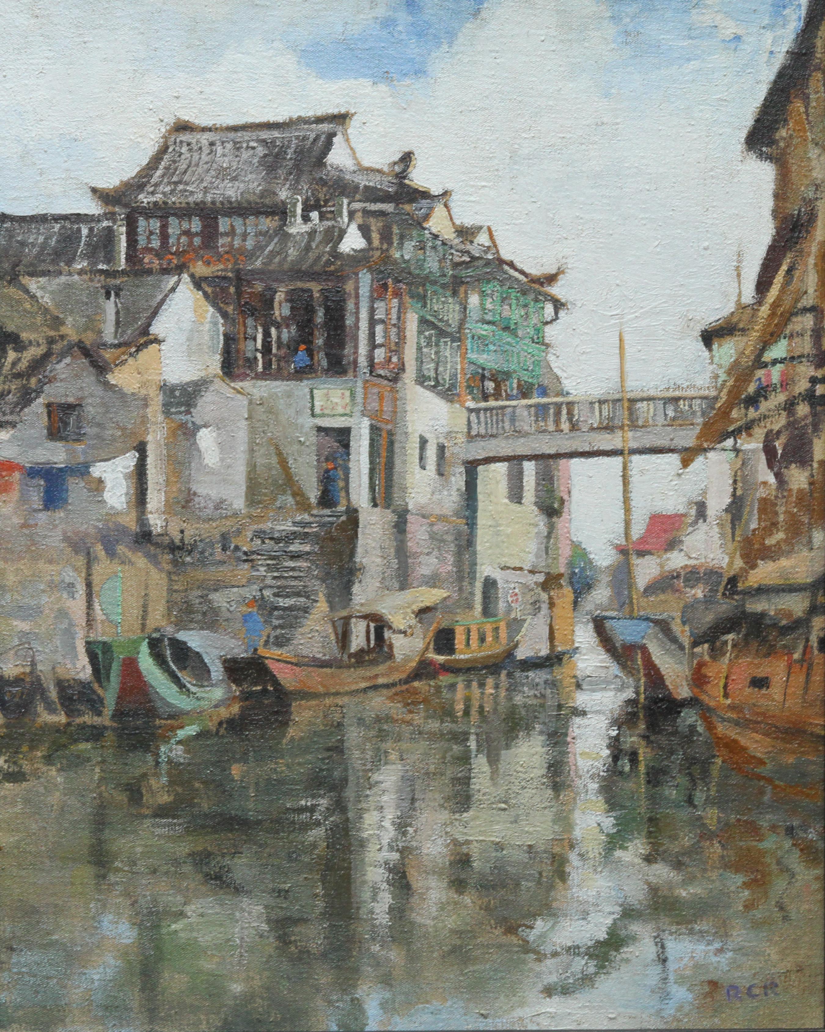 Soochow/Suzchou China - Scottish 20's Impressionist art oil painting canal China - Painting by Robert Cecil Robertson