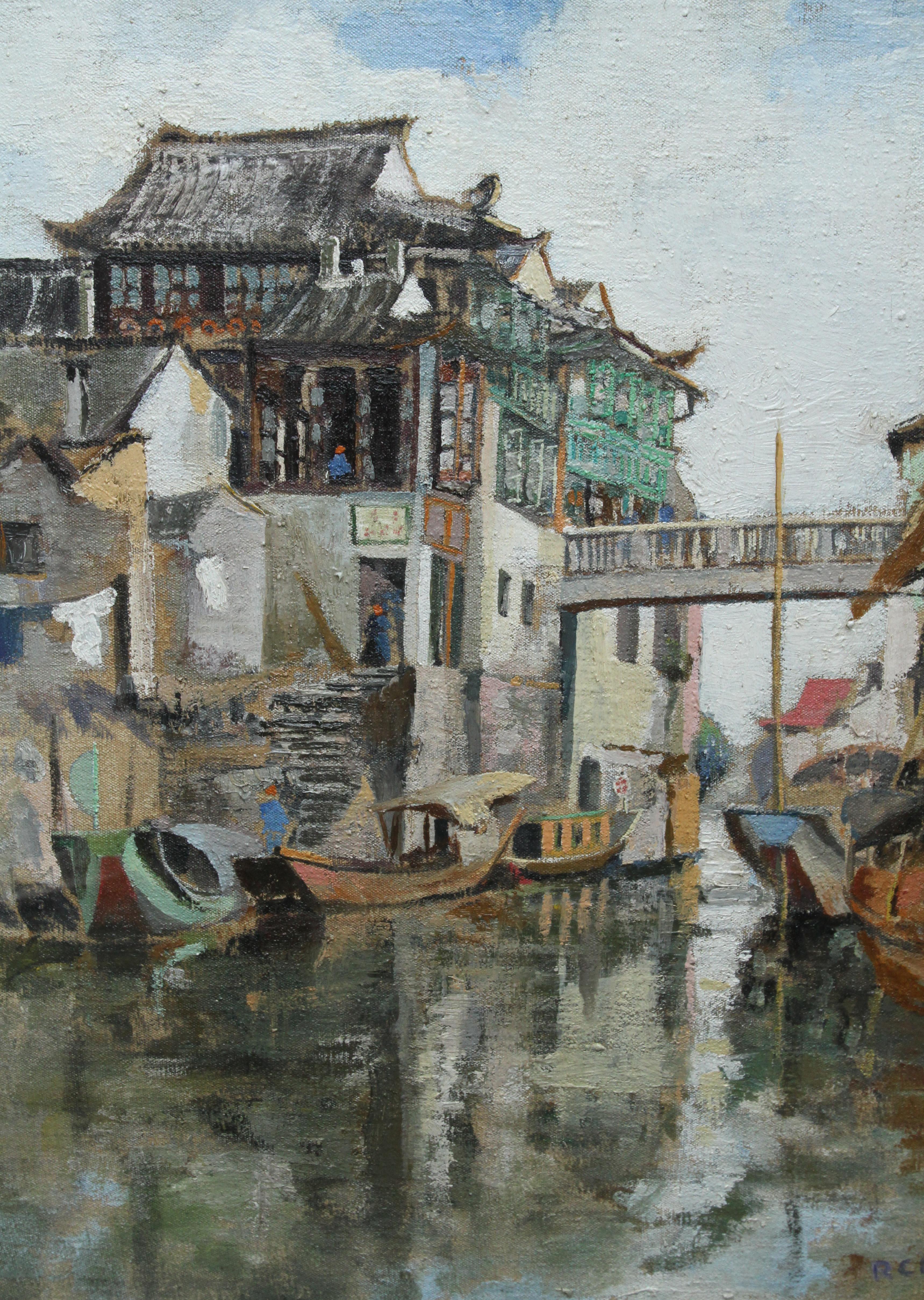 Soochow/Suzchou Chine - Peinture à l'huile impressionniste écossaise des années 20 - Chine du canal - Impressionnisme Painting par Robert Cecil Robertson