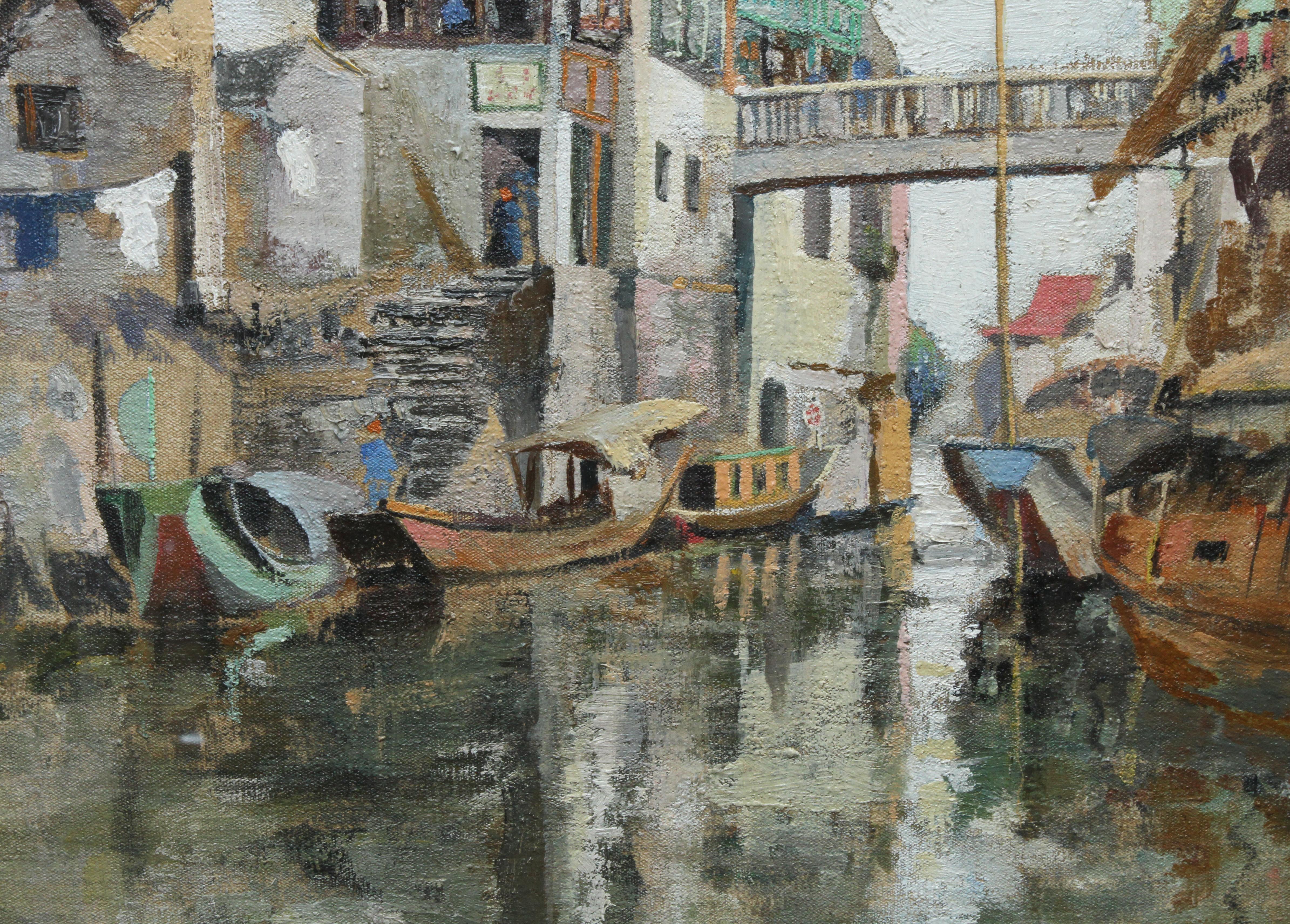 Soochow/Suzchou Chine - Peinture à l'huile impressionniste écossaise des années 20 - Chine du canal en vente 1
