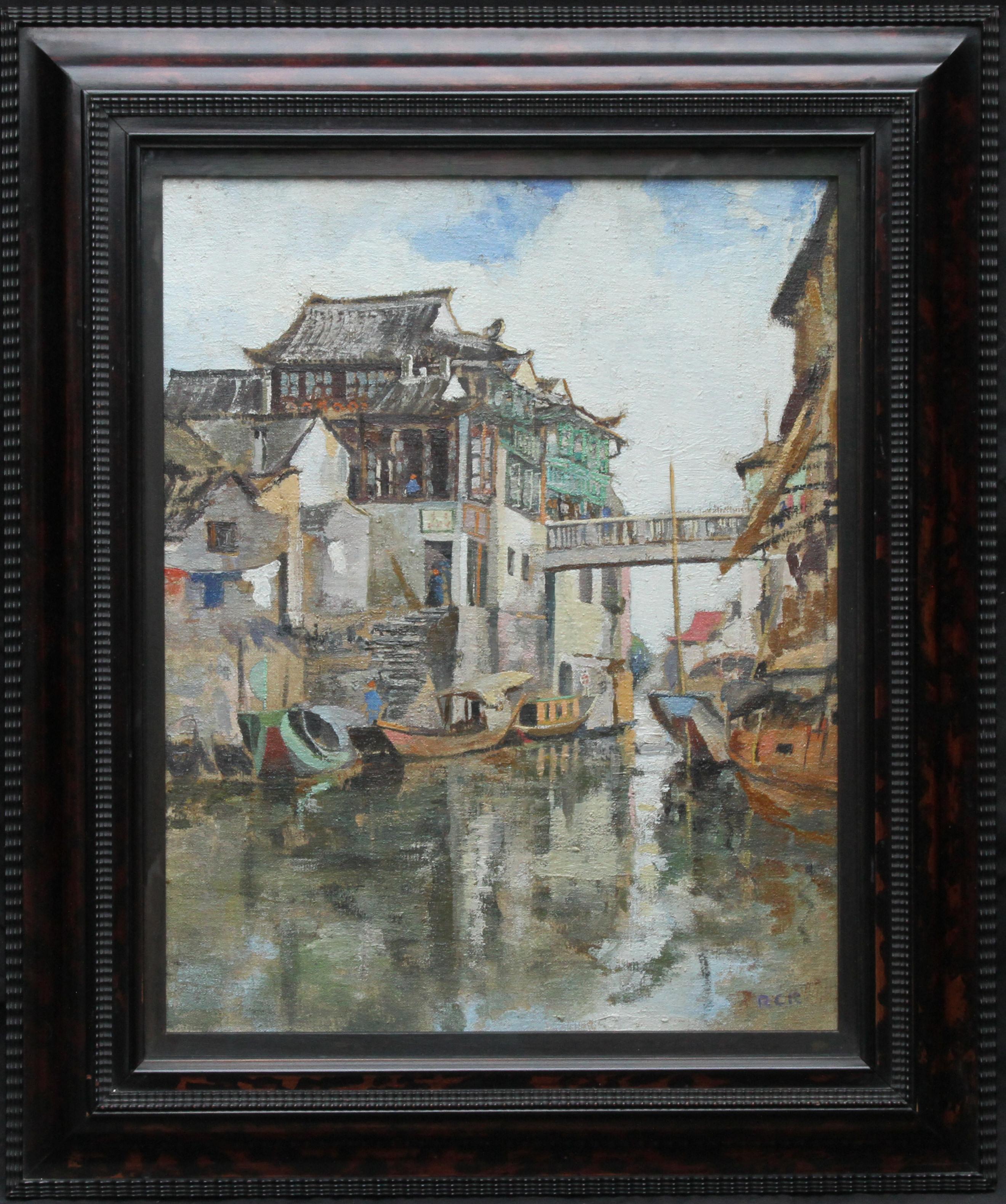 Landscape Painting Robert Cecil Robertson - Soochow/Suzchou Chine - Peinture à l'huile impressionniste écossaise des années 20 - Chine du canal
