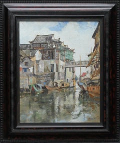 Vintage Soochow/Suzchou China - Scottish 20's Impressionist art oil painting canal China