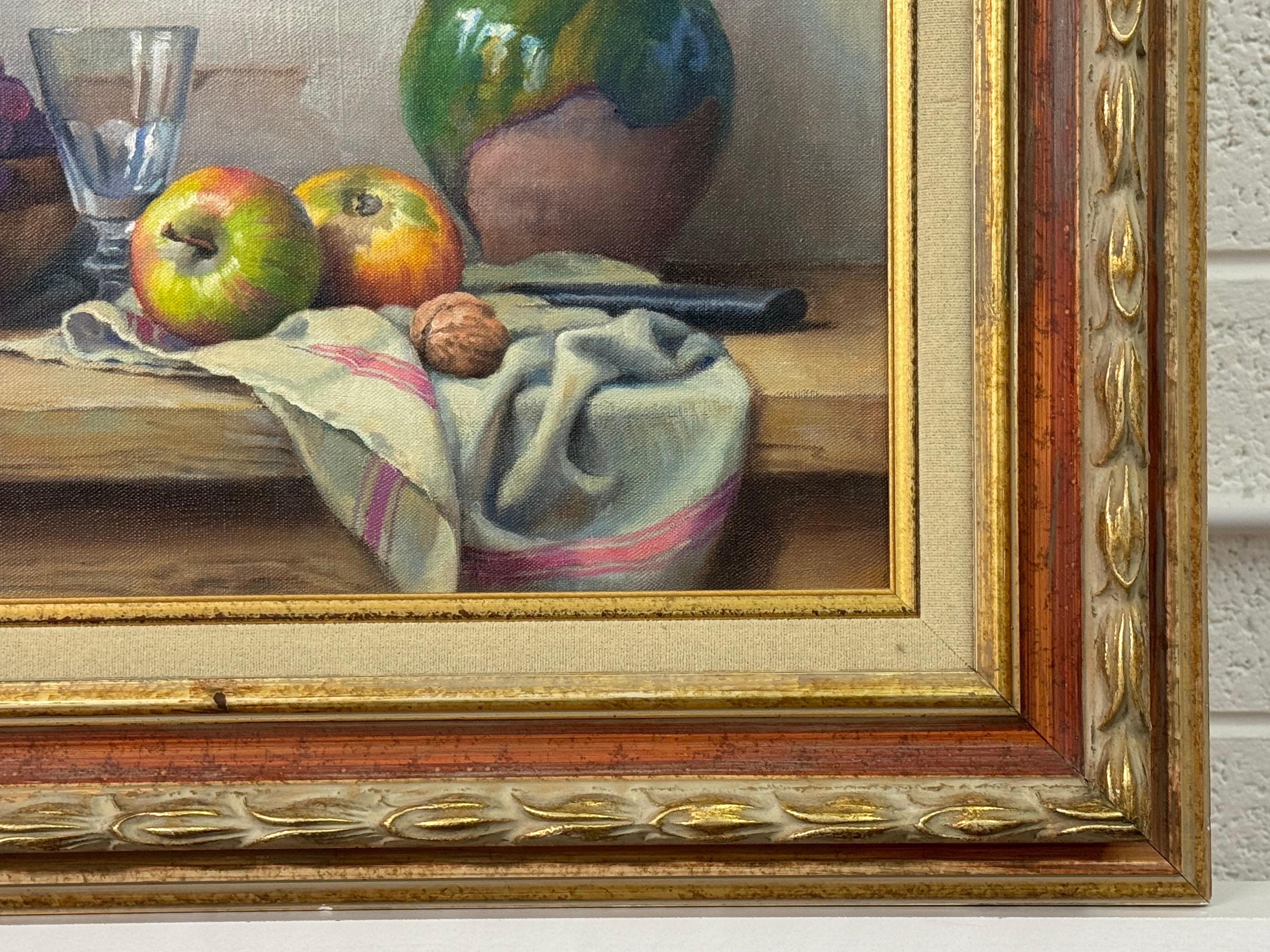 Naturaleza muerta con flores y frutas en el interior de una granja francesa por un artista francés - Still-Life Painting Marrón de Robert Chailloux