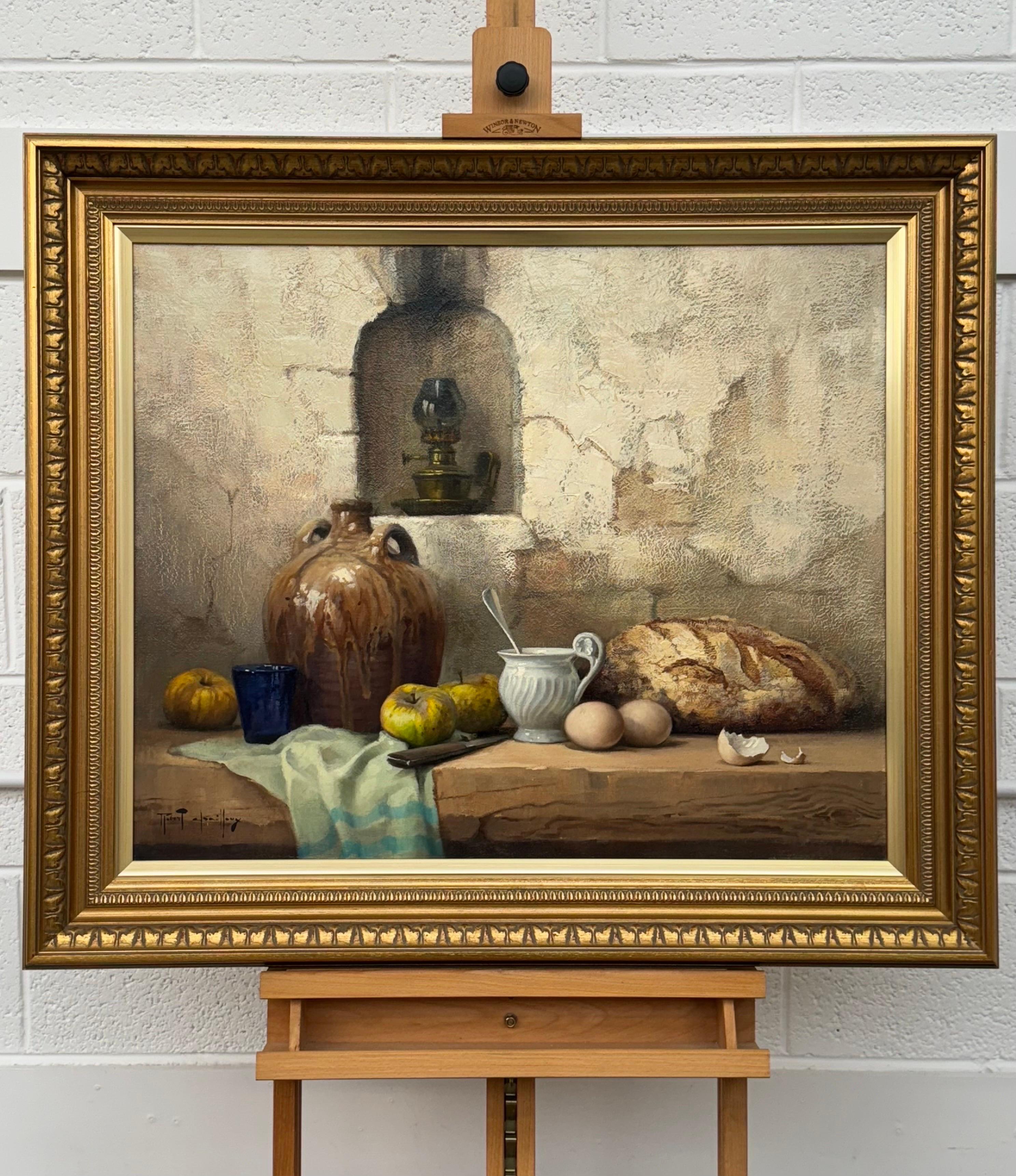 Bodegón con Fruta y Pan Interior Rústico de Granja Francesa por Artista Francés - Painting Realista de Robert Chailloux