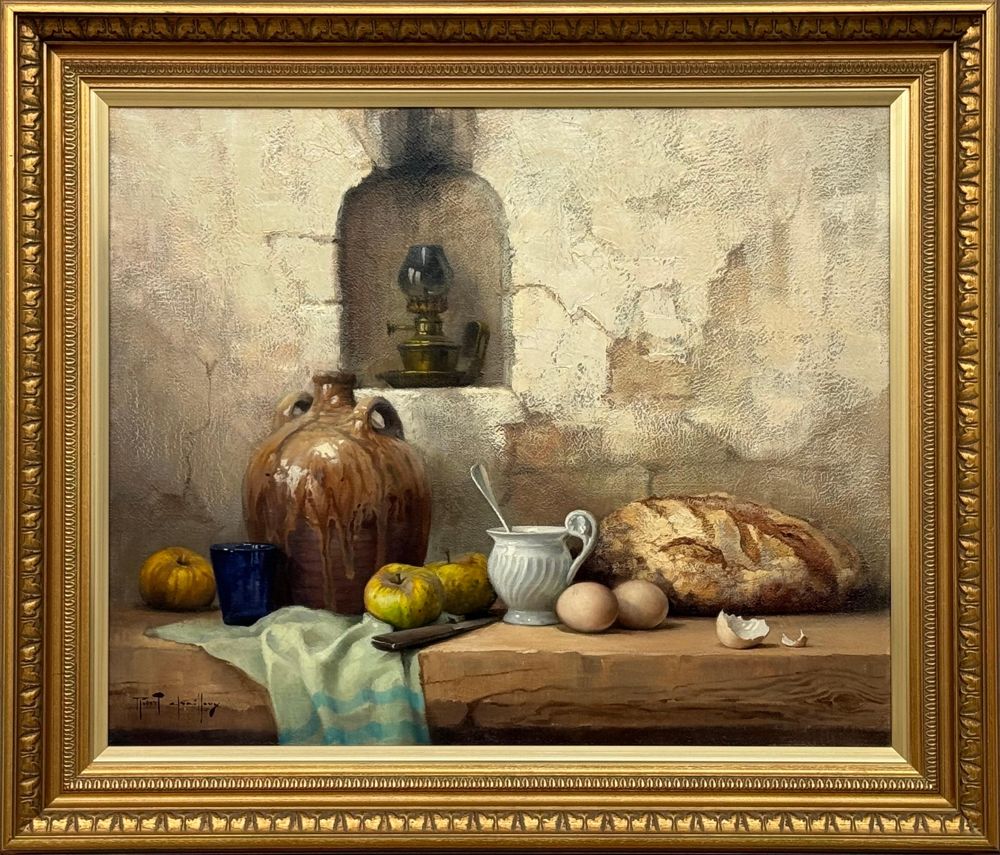 Bodegón con Fruta y Pan Interior Rústico de Granja Francesa por Artista Francés