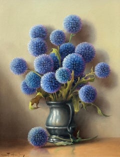 Still Life with Purple Echinops Globe Thistle Flowers in Rustic French Interior