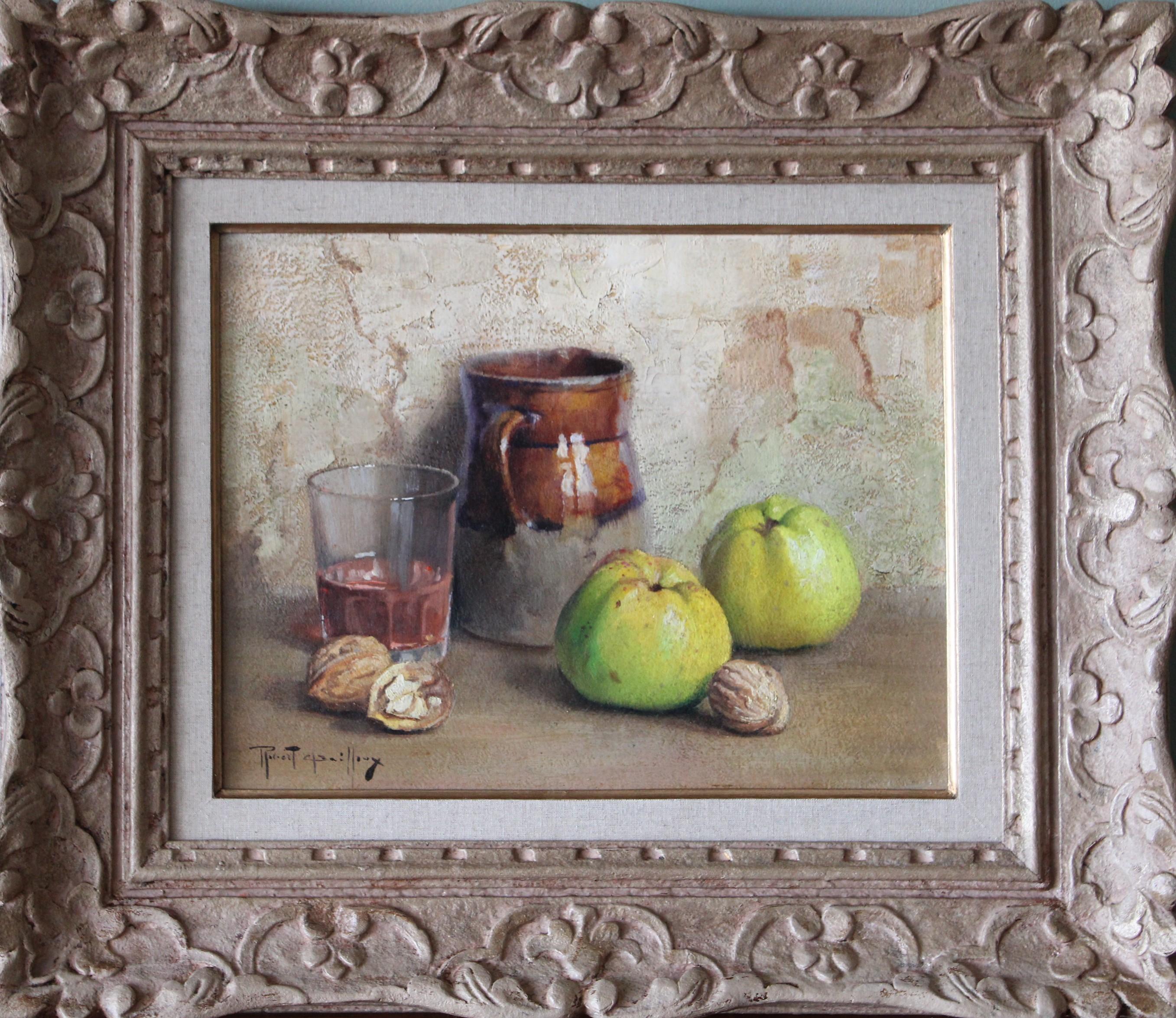 Still-Life Painting di Robert chailloux - Natura morta d'epoca di mele e noci dell'artista francese Robert Chailloux