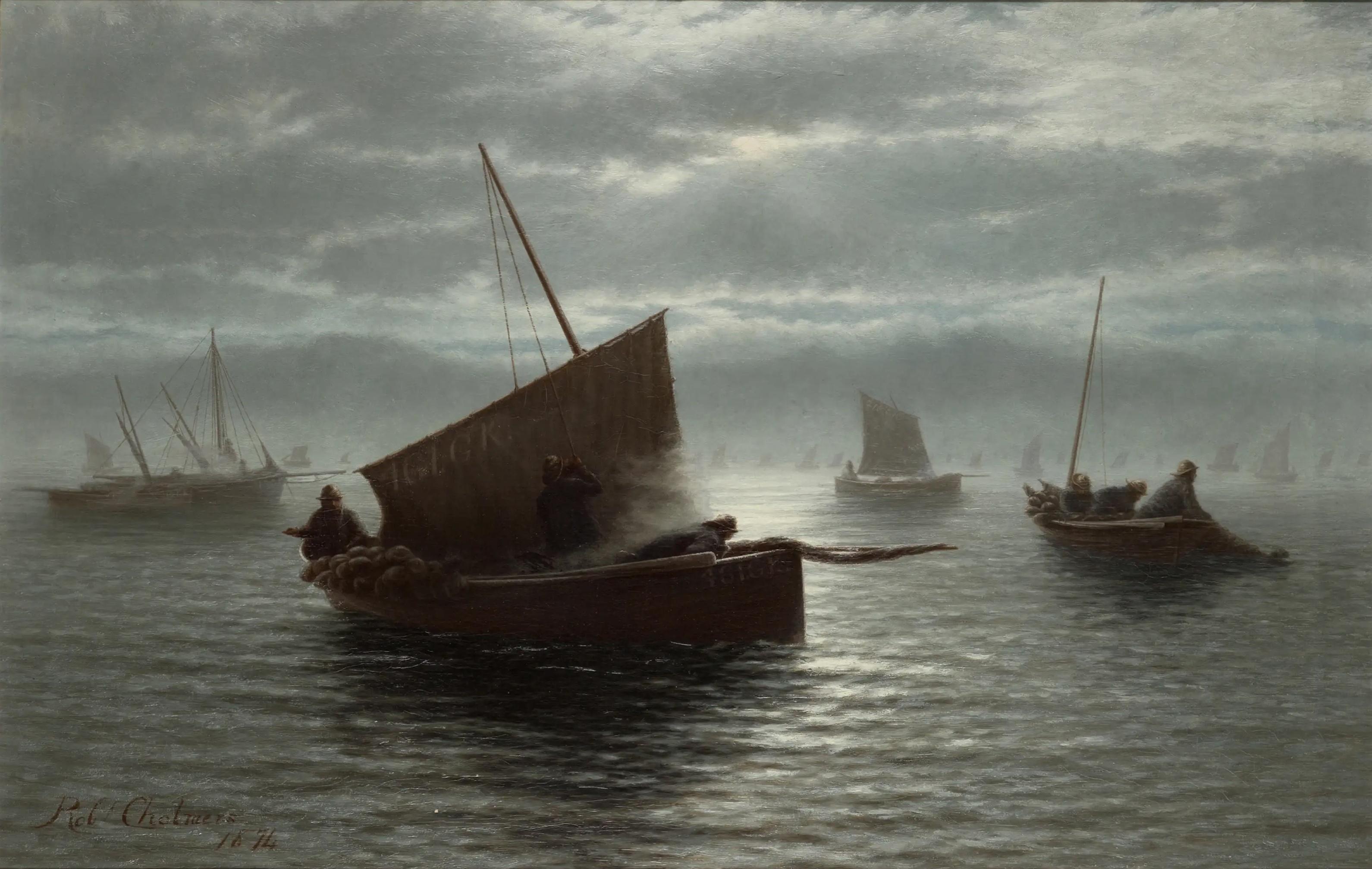 Oil painting, boats fishing on a misty morning by Robert Chalmers 1874. For Sale 1