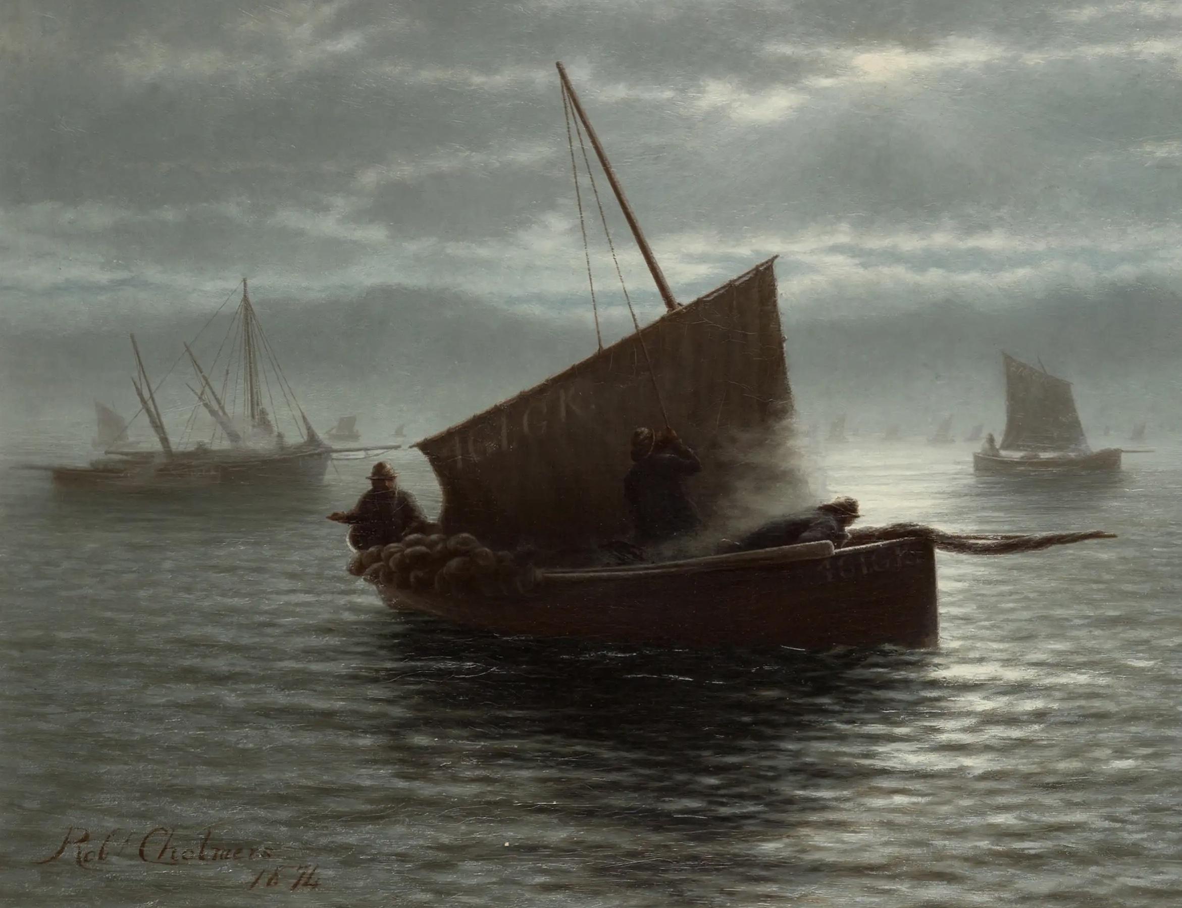 Oil painting, boats fishing on a misty morning by Robert Chalmers 1874. For Sale 2