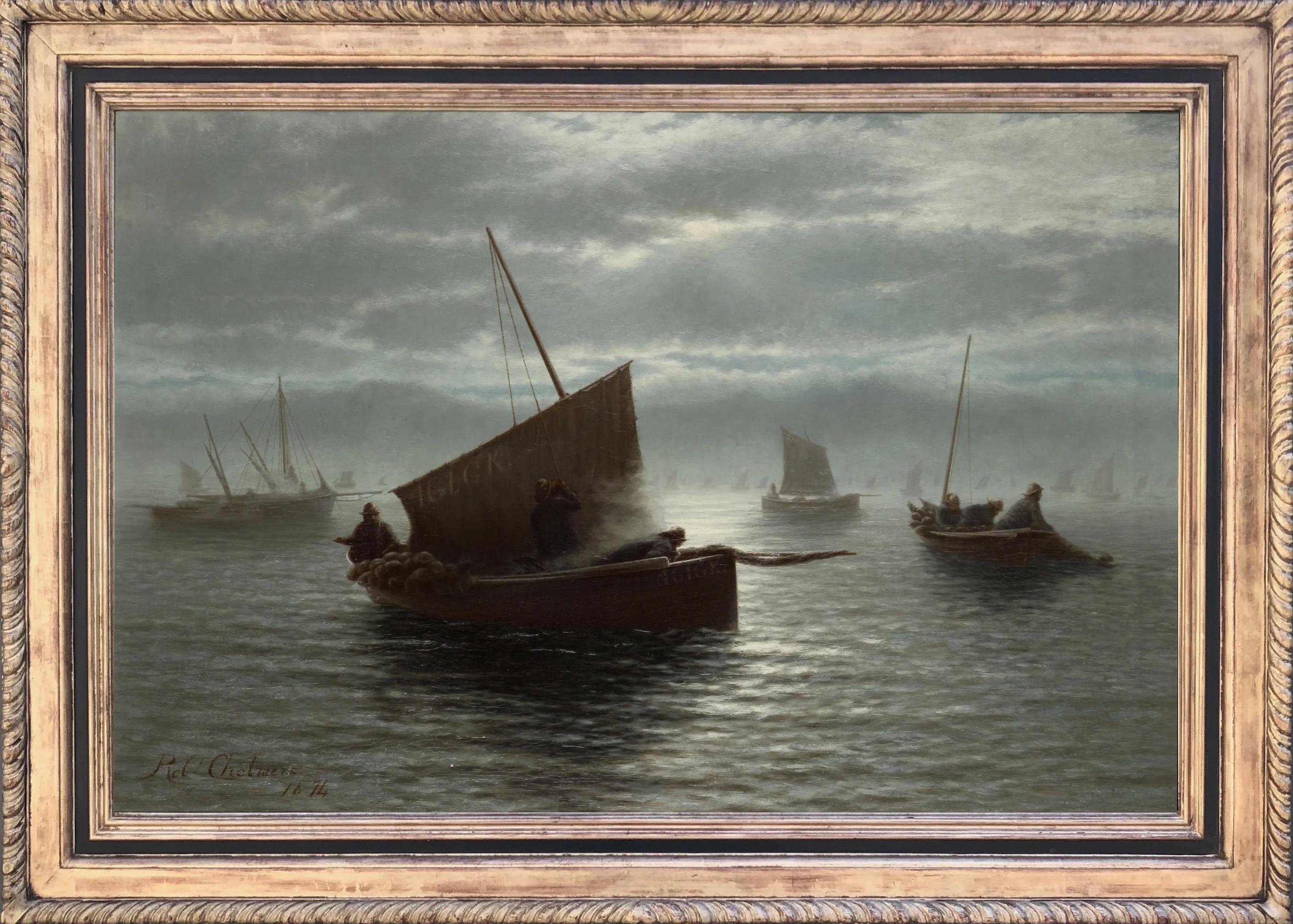 Peinture à l'huile, bateaux pêchant par un matin brumeux par Robert Chalmers 1874.

Signé et daté par l'artiste. 

Taille de la toile : 69cm x 106cm, Taille de l'encadrement 87cm x 123cm

Robert Chalmers, peu de choses sont enregistrées sur cet