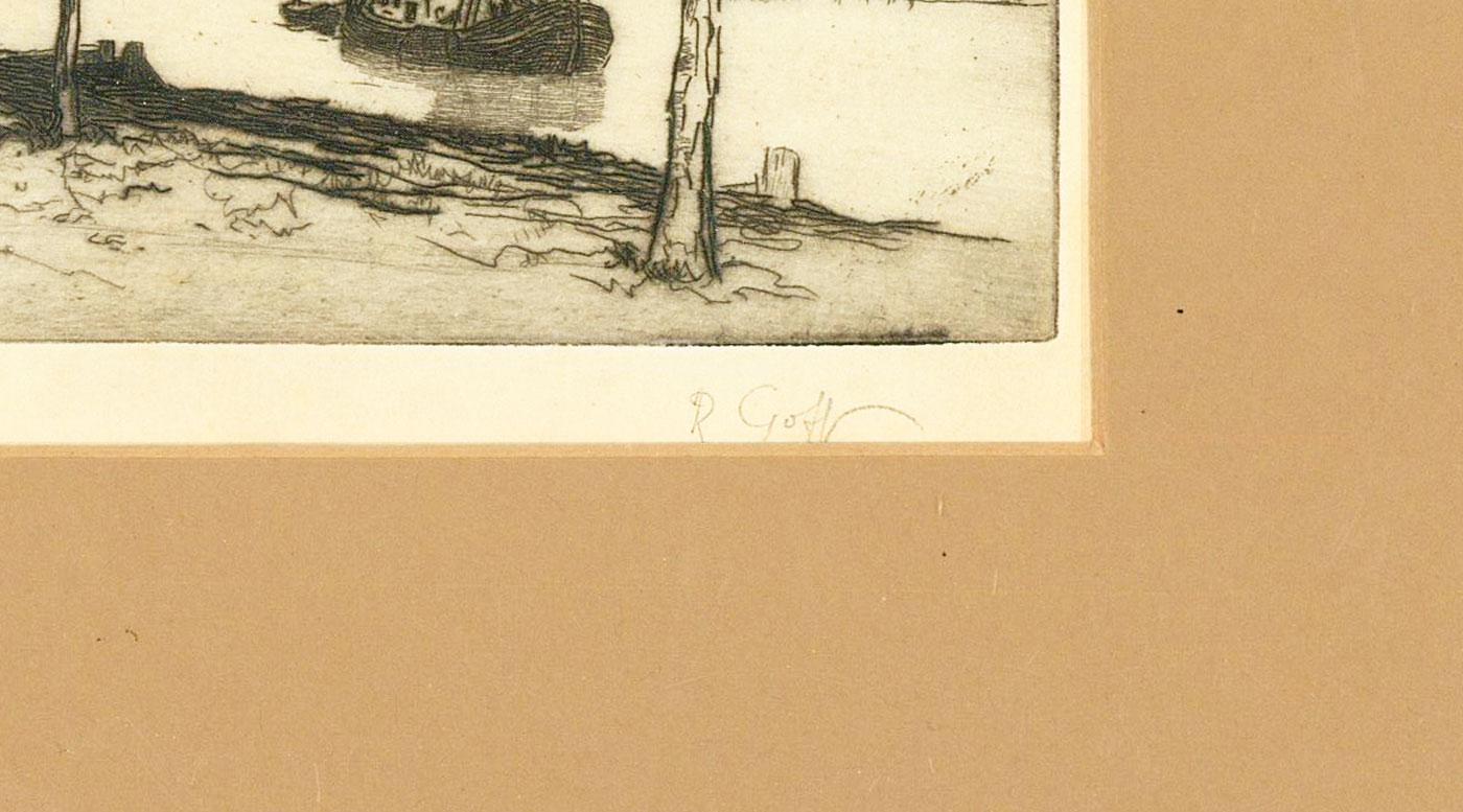 Robert Charles Goff (1837-1922) - Acquaforte con cornice, Barche su un fiume olandese - Print di Robert Charles Goff, R.E.