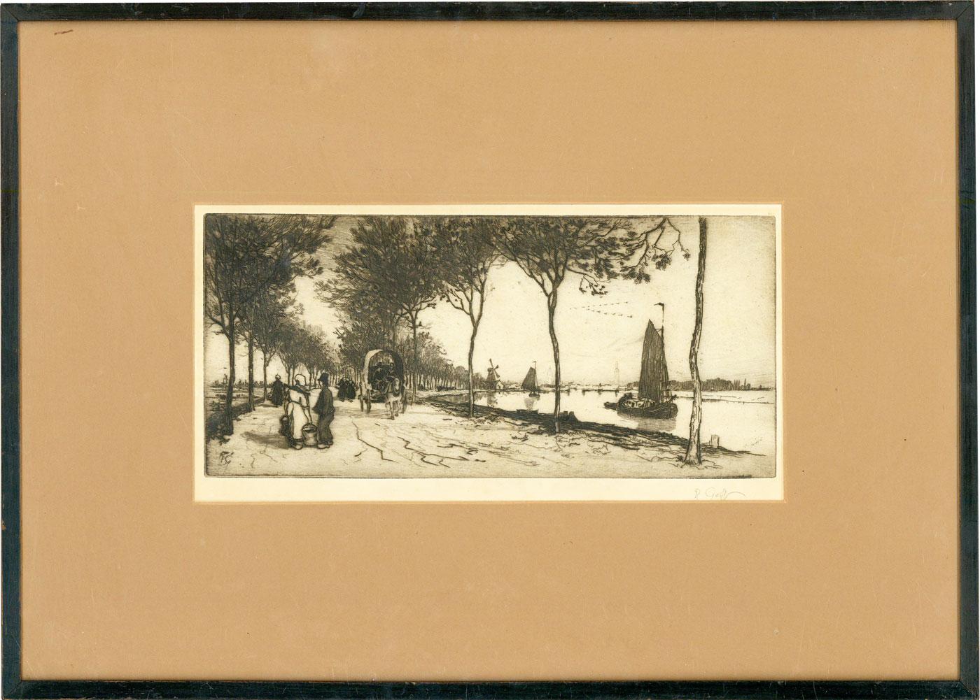 Robert Charles Goff, R.E. Landscape Print – Robert Charles Goff (1837-1922) - Gerahmte Radierung, Boote auf einem niederländischen Flusss