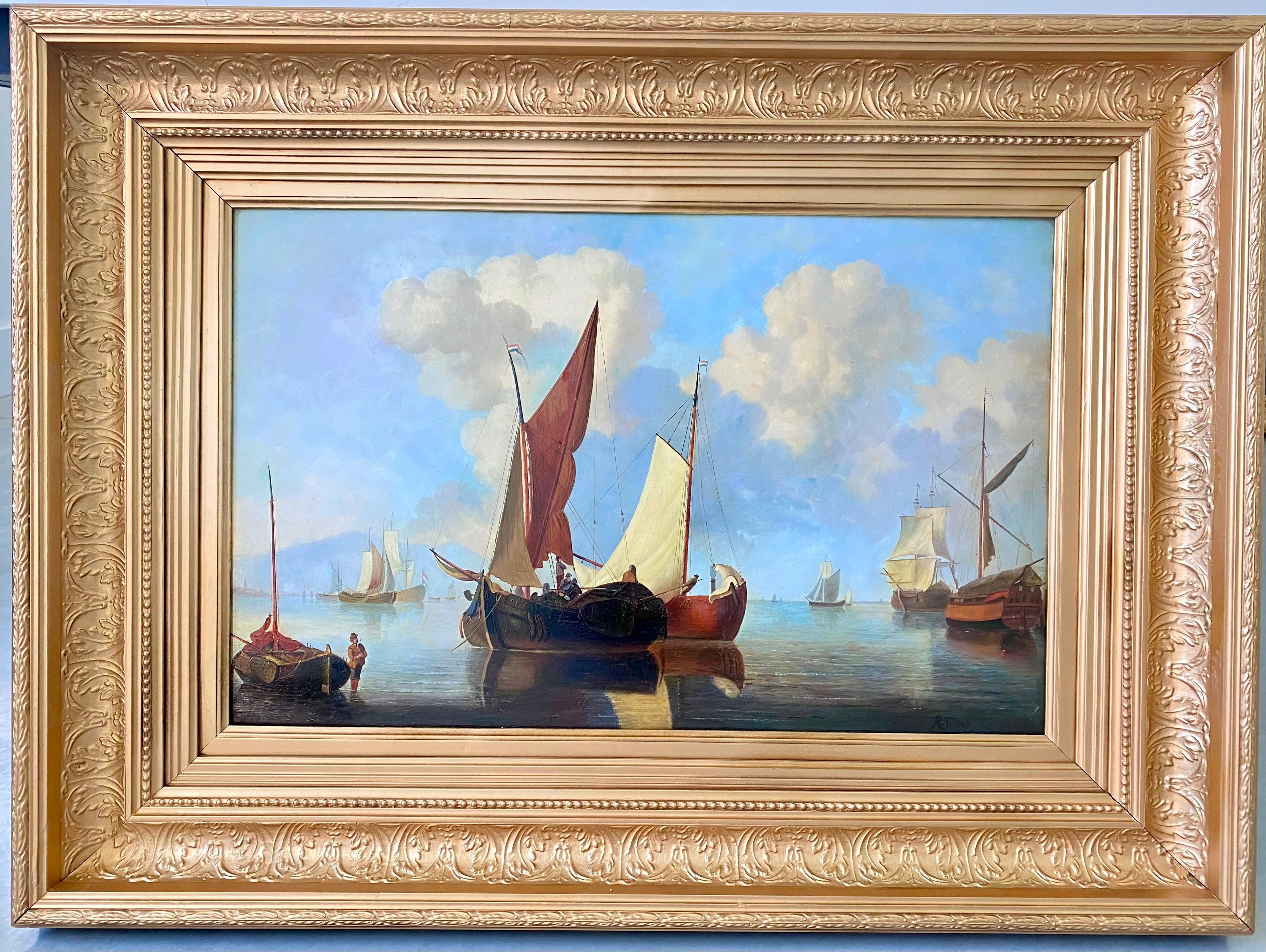 Robert Charles Mols Landscape Painting - Dutch 19th century romantic painting - Sailing Boats Harbour Sea Marine