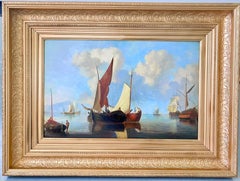 Dutch 19th century romantic painting - Sailing Boats Harbour Sea Marine