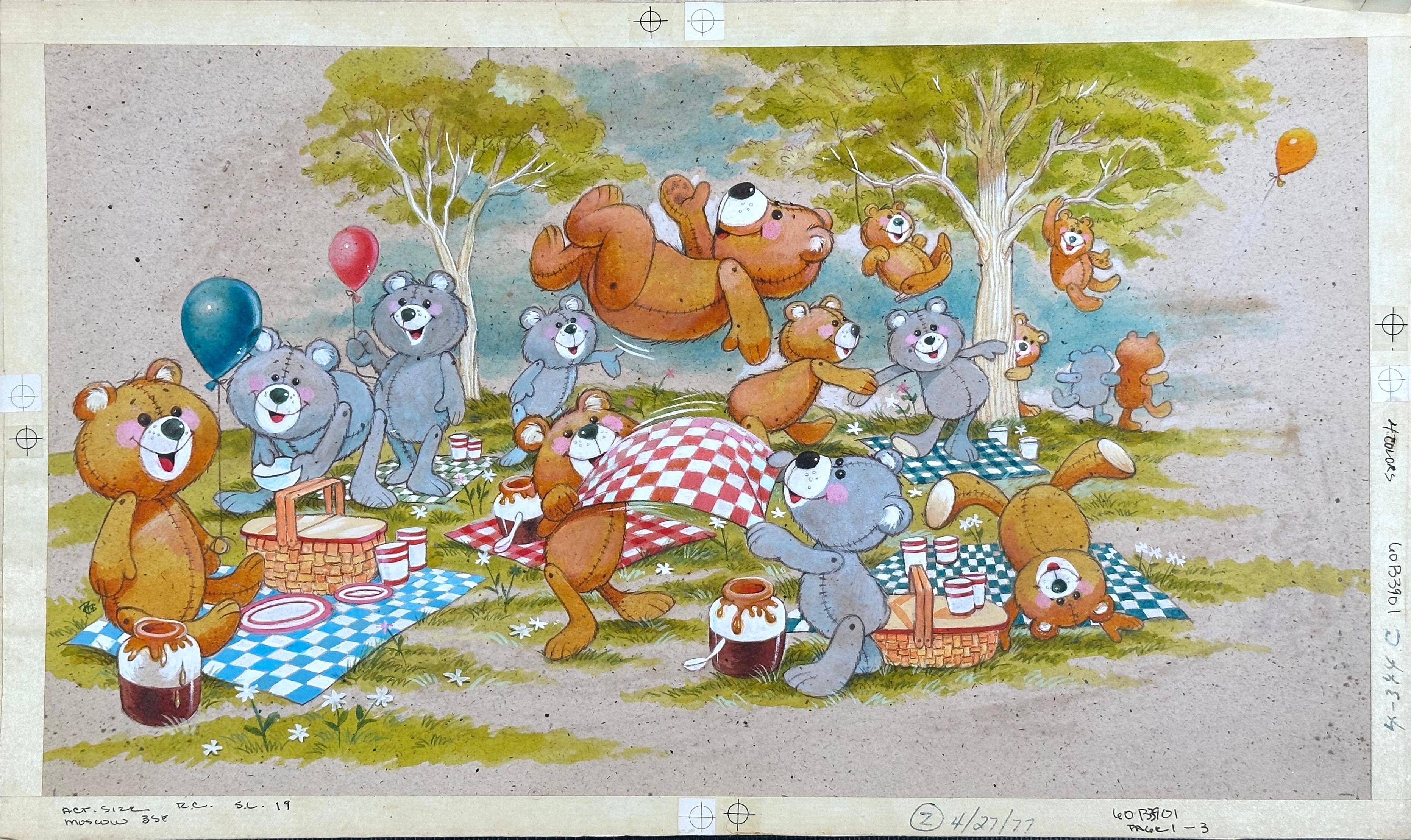 Robert Childers Animal Painting - Teddy Bear Picnic (Children's bedroom decor Illustration)