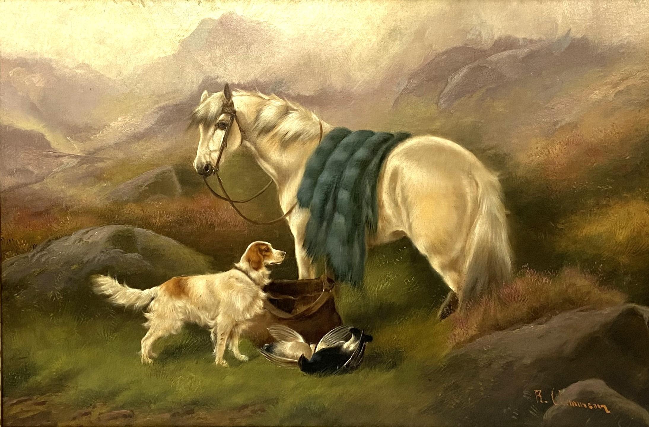 Dipinto a olio del XIX secolo Highland Pony e Retriever, Robert Cleminson - Painting di Robert cleminson 