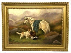 Antique 19th century oil painting Highland Pony and Retriever, Robert cleminson