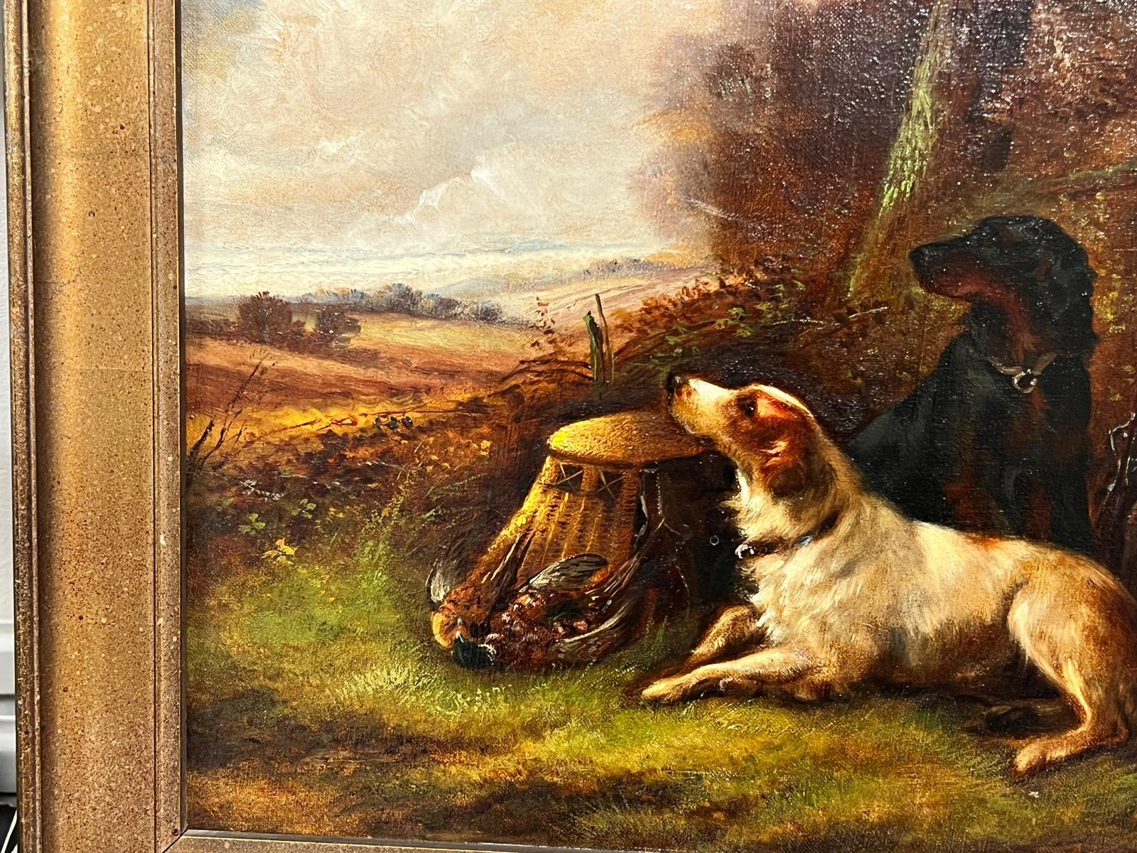 Antique British Sporting Art Oil Painting Hunting Dogs Waiting for their Master 1