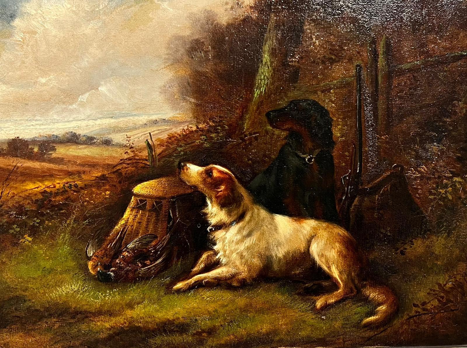 Robert Cleminson Landscape Painting - Antique British Sporting Art Oil Painting Hunting Dogs Waiting for their Master