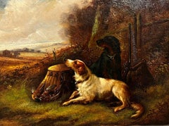 Antique British Sporting Art Oil Painting Hunting Dogs Waiting for their Master