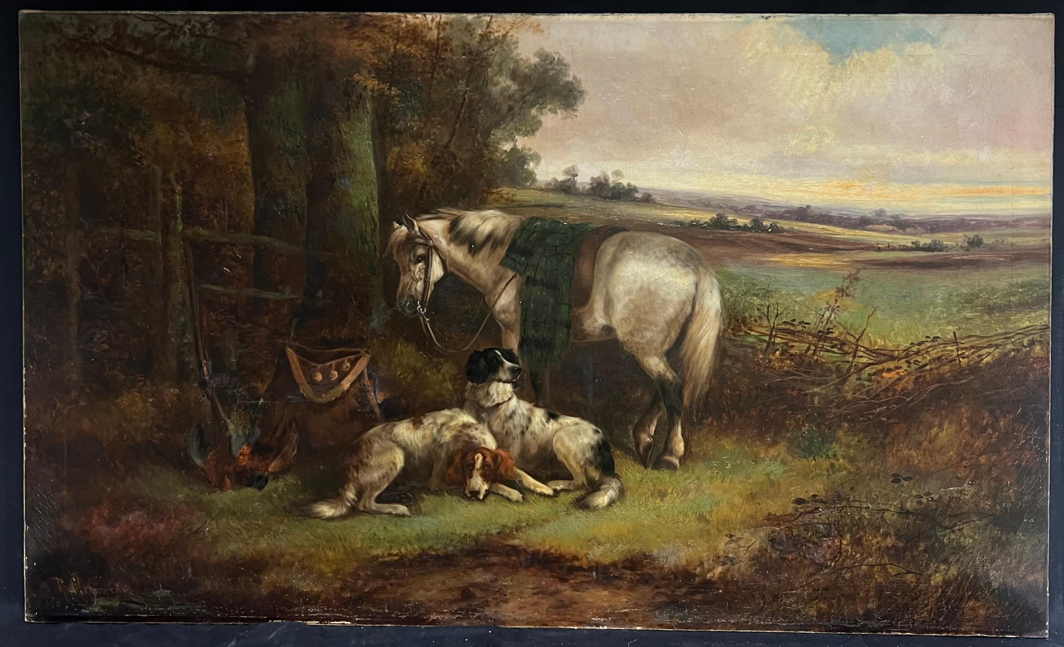 Enorme óleo victoriano Caballo y perros Arte deportivo Paisaje campestre - Painting de Robert Cleminson